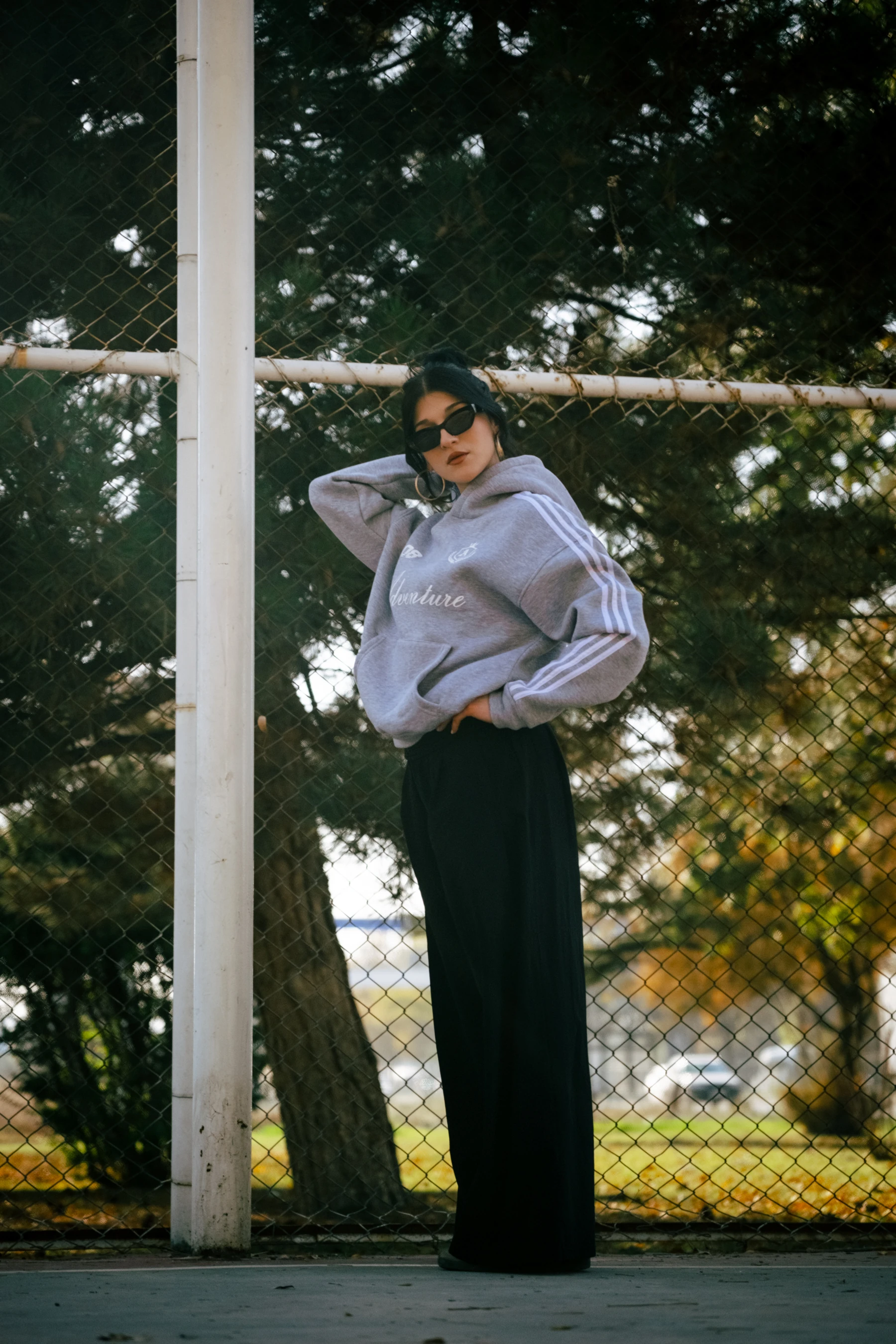 Adventure Printed Çizgili Oversized Hoodie Gri