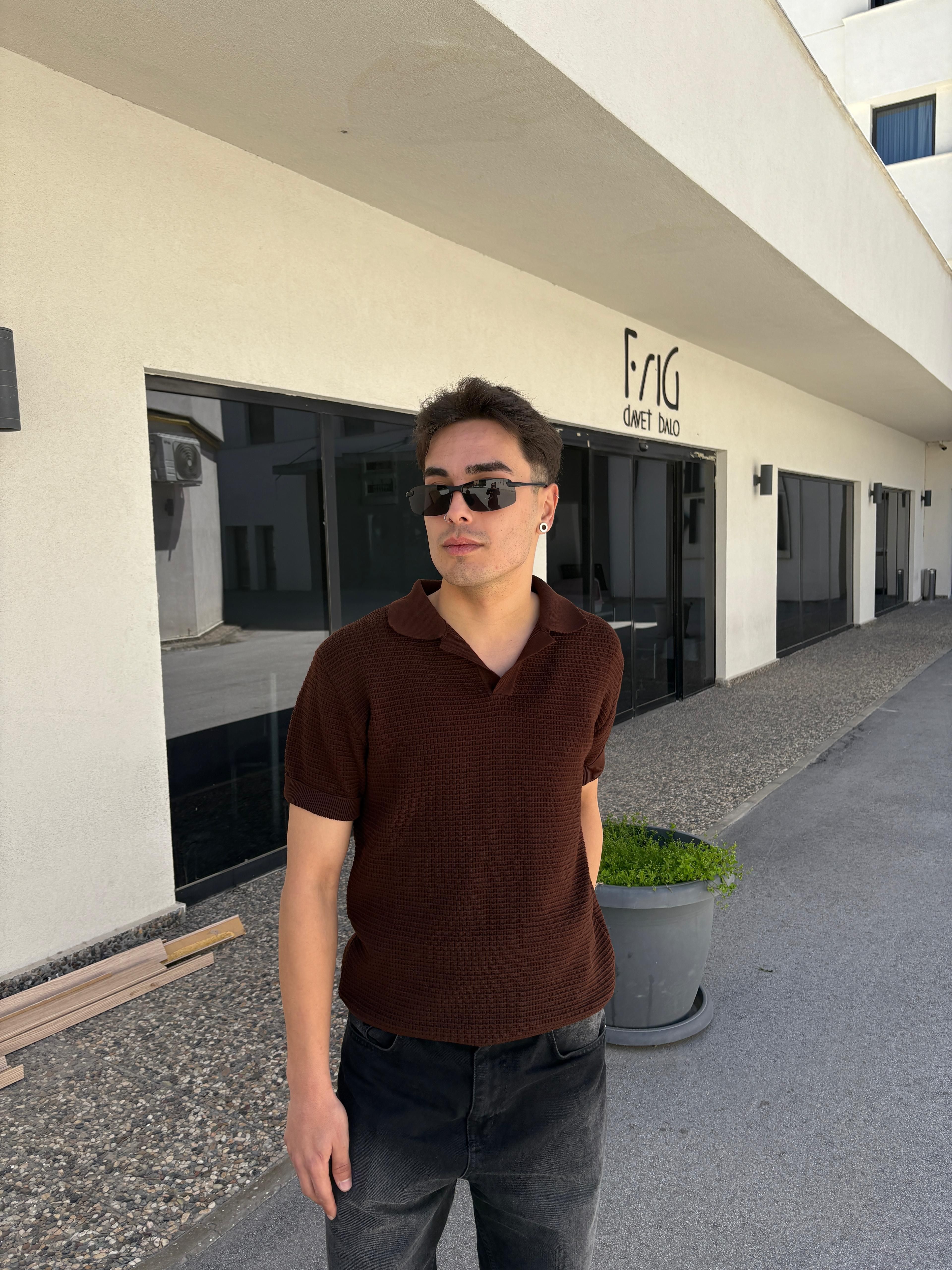 Ajurlu Relaxed Polo Yaka T-Shirt- Kahverengi