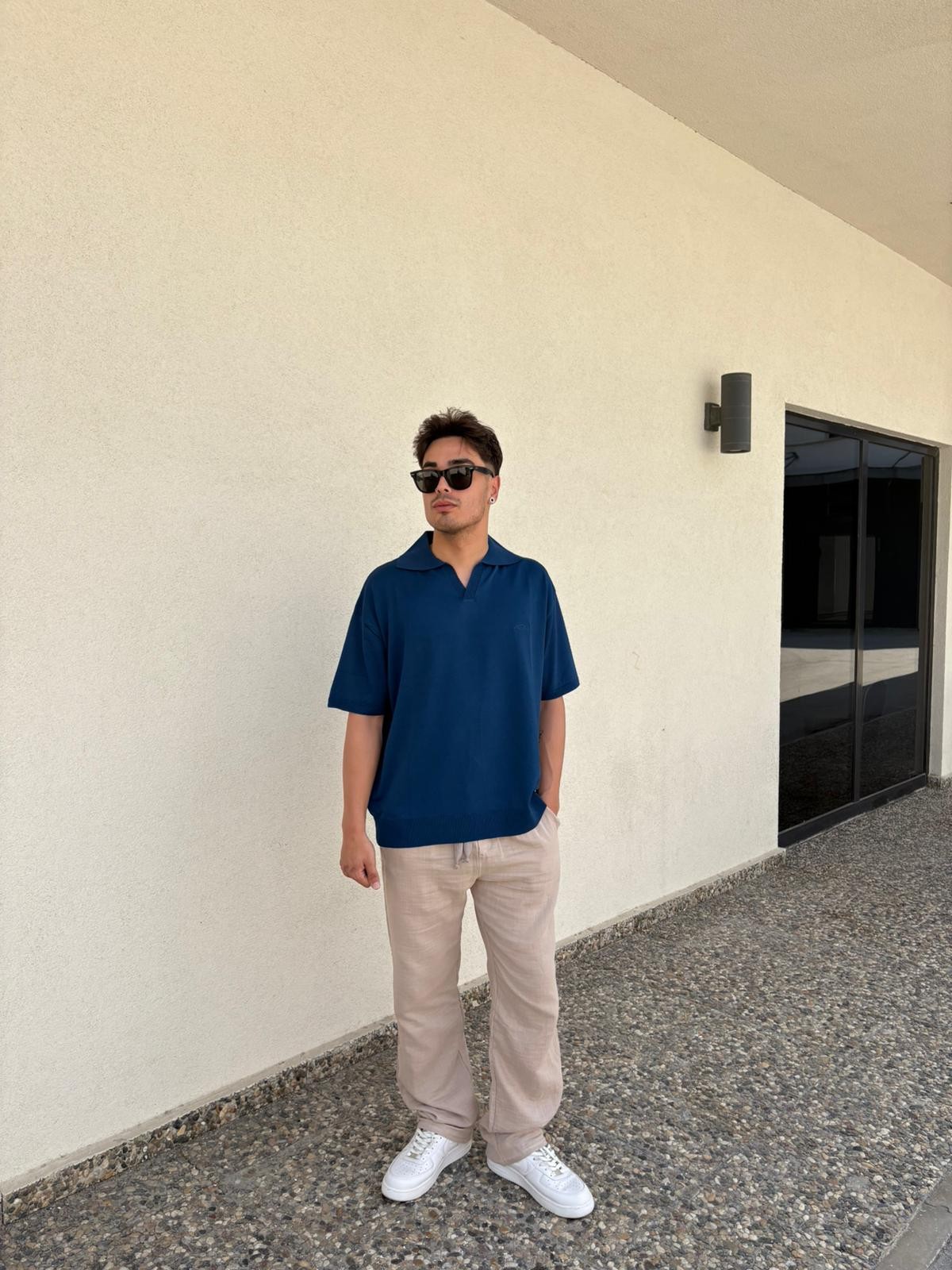 Oversize Patlı Polo Yaka Tişört - İndigo