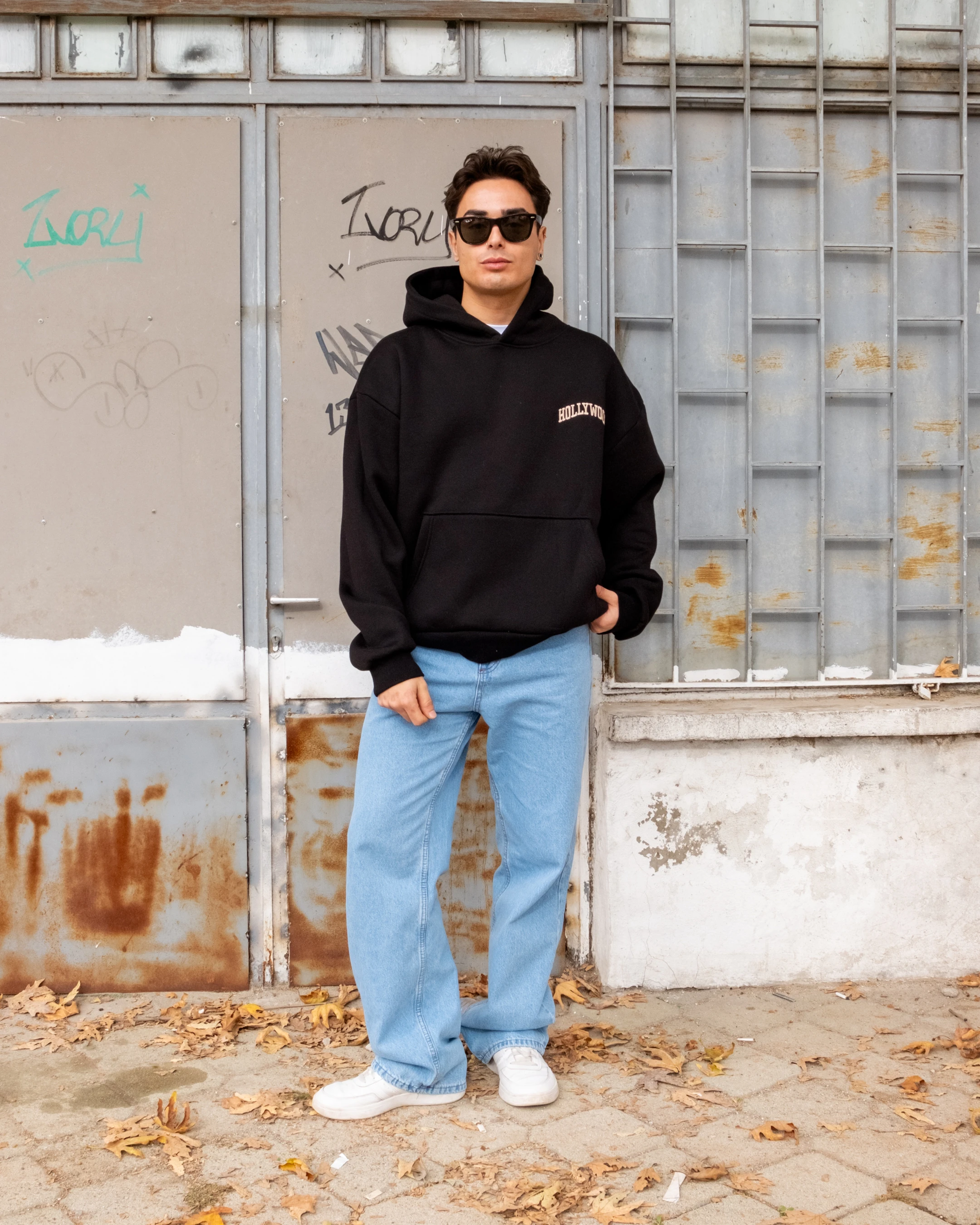 Hollywood Nakışlı Boxy Oversize Hoodie