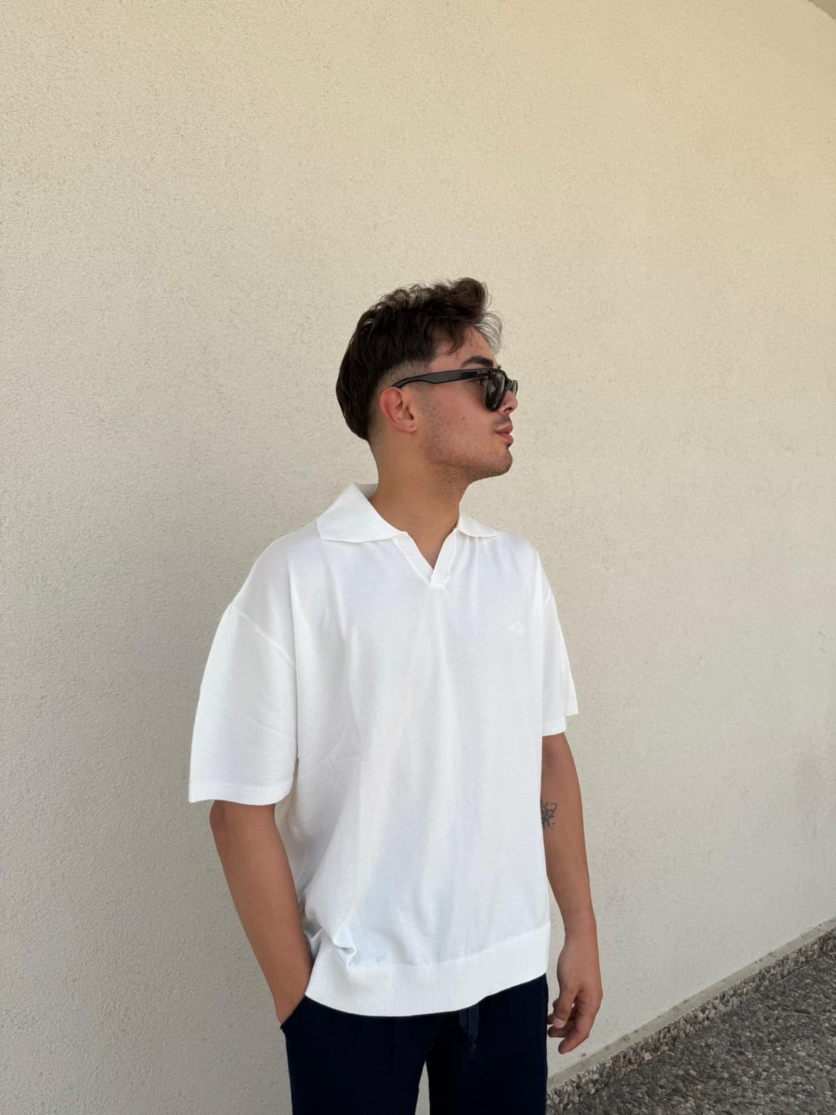Oversize Patlı Polo Yaka Tişört - Beyaz
