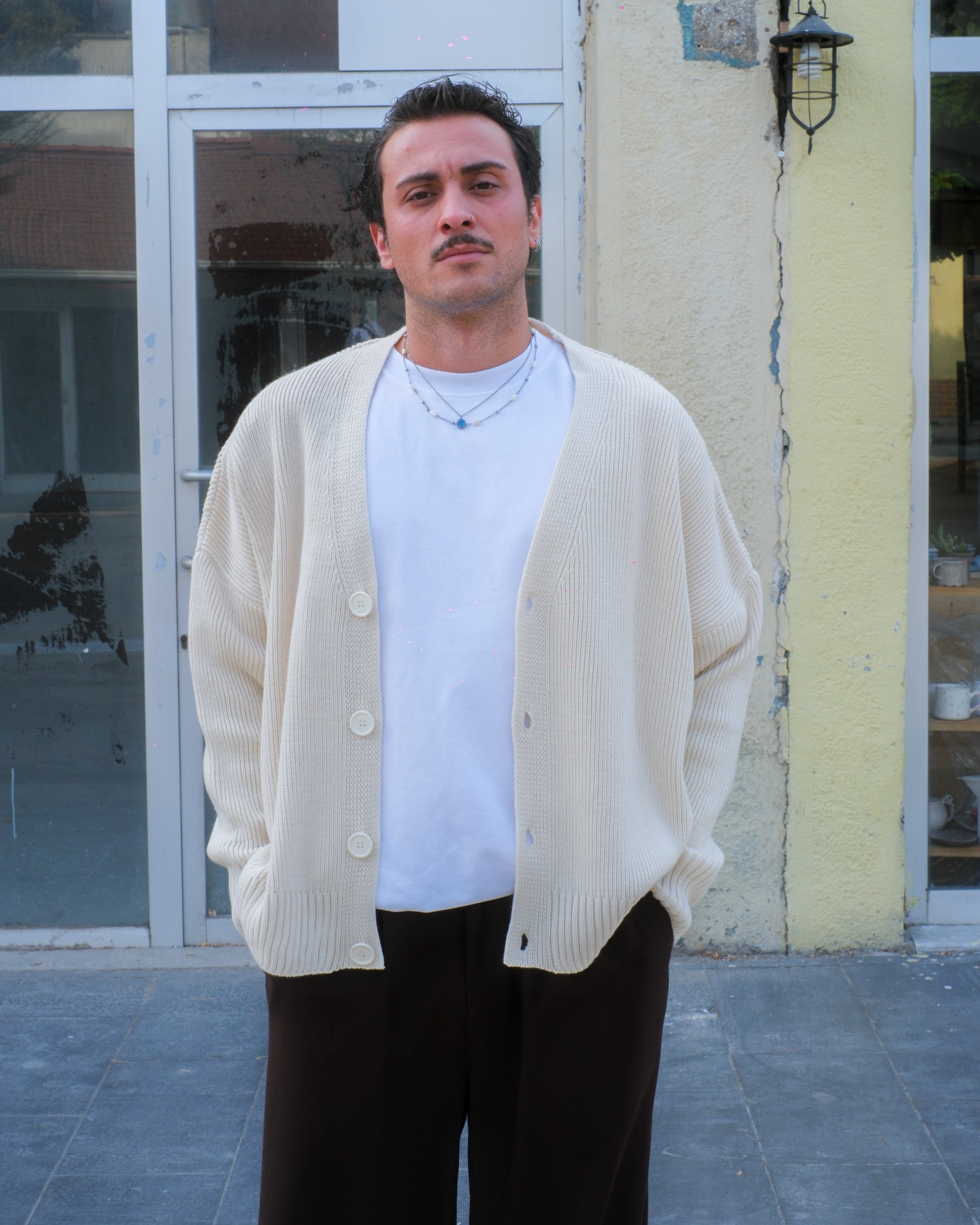 Krem Düğme Detay Oversize Triko Hırka