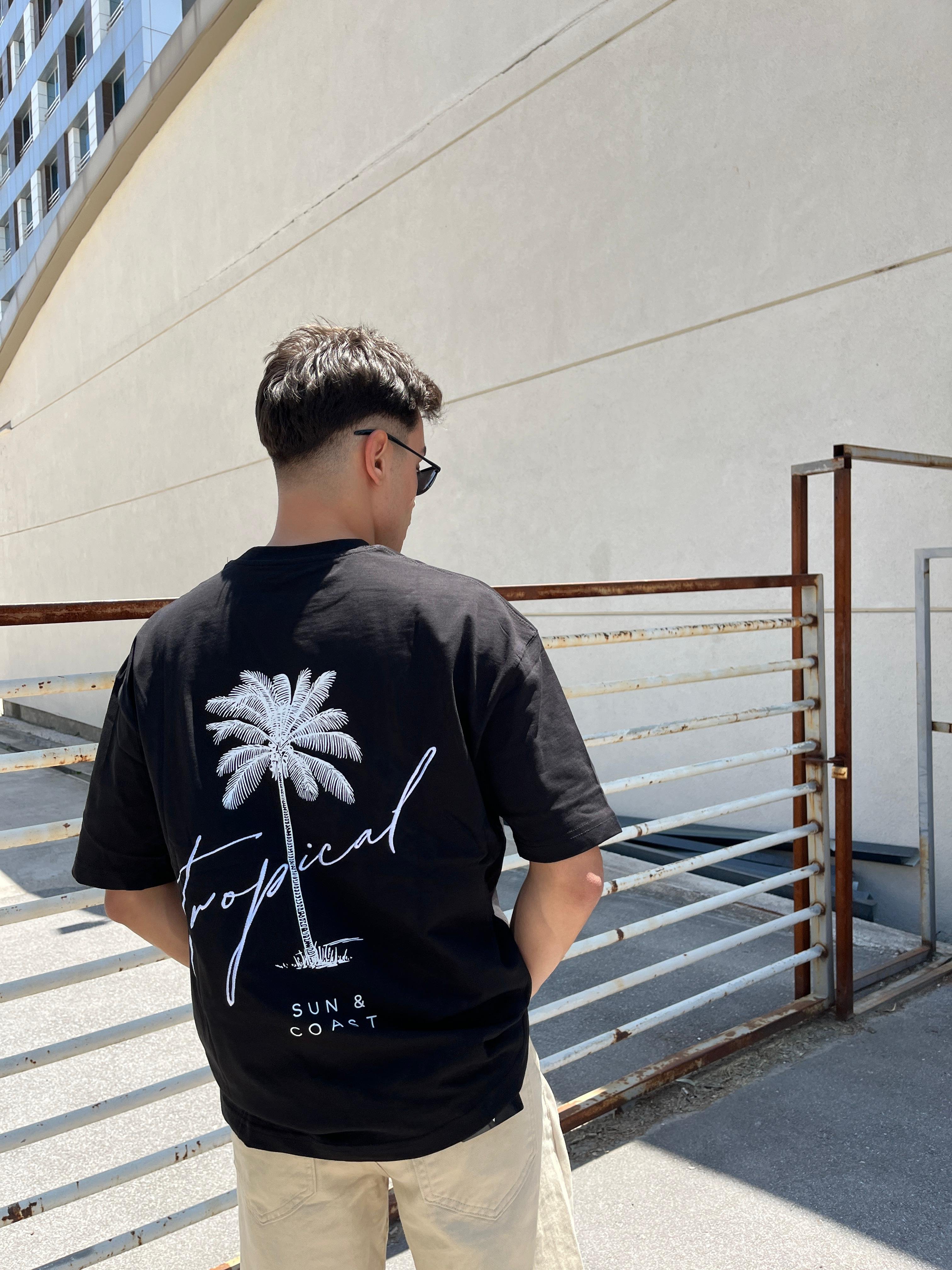 Tropical Printed Oversize Unisex T-Shirt - siyah