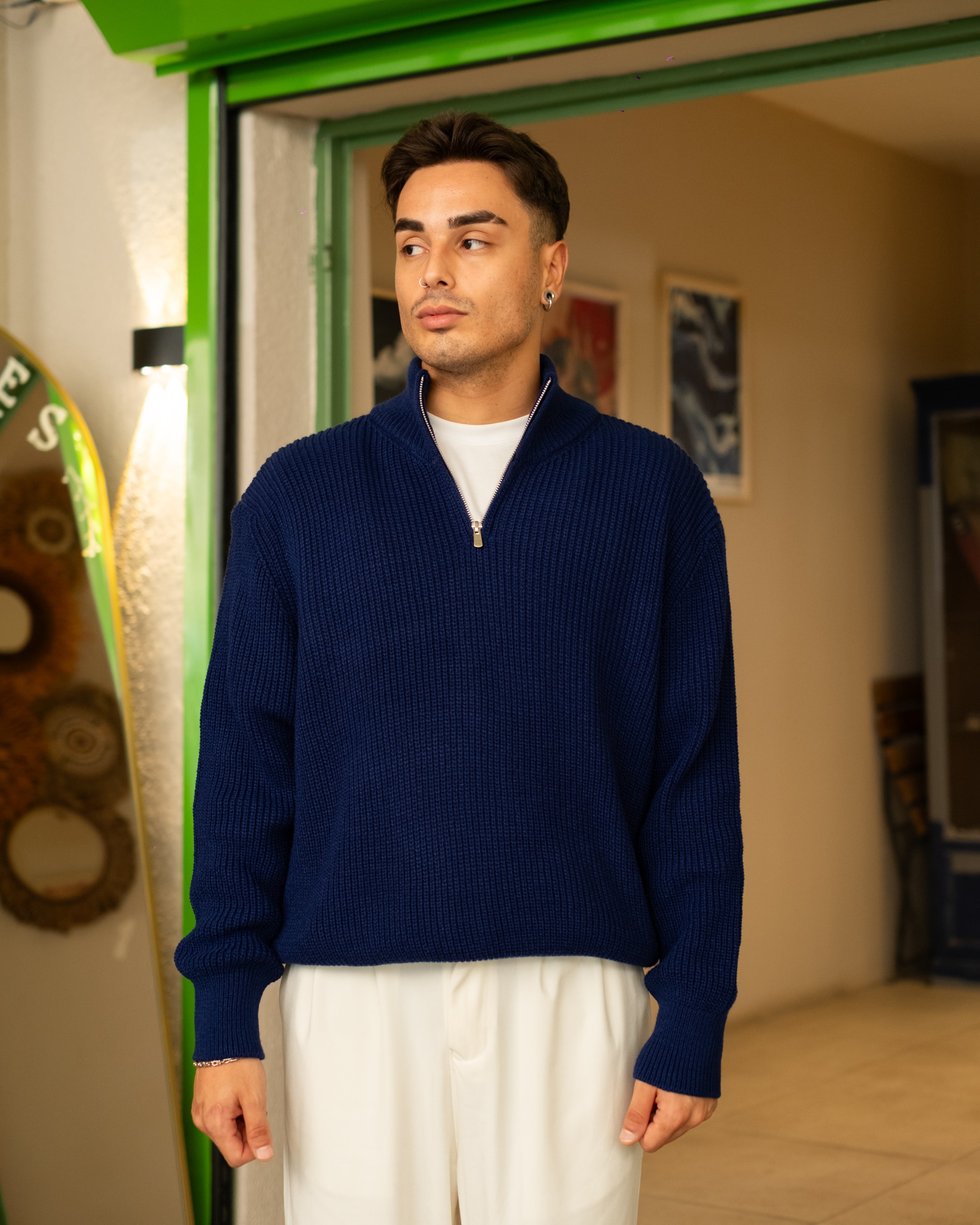 İndigo Half Zip Oversize Triko 