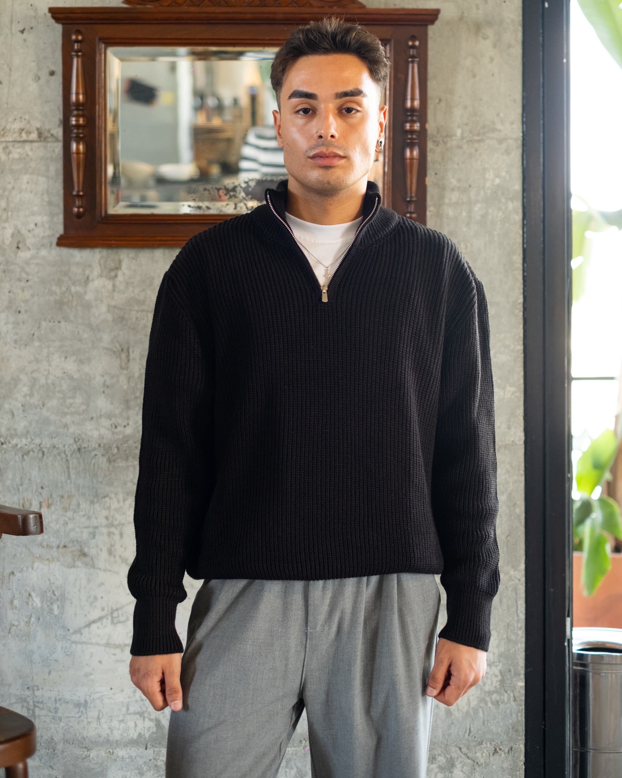 Siyah Half Zip Oversize Triko