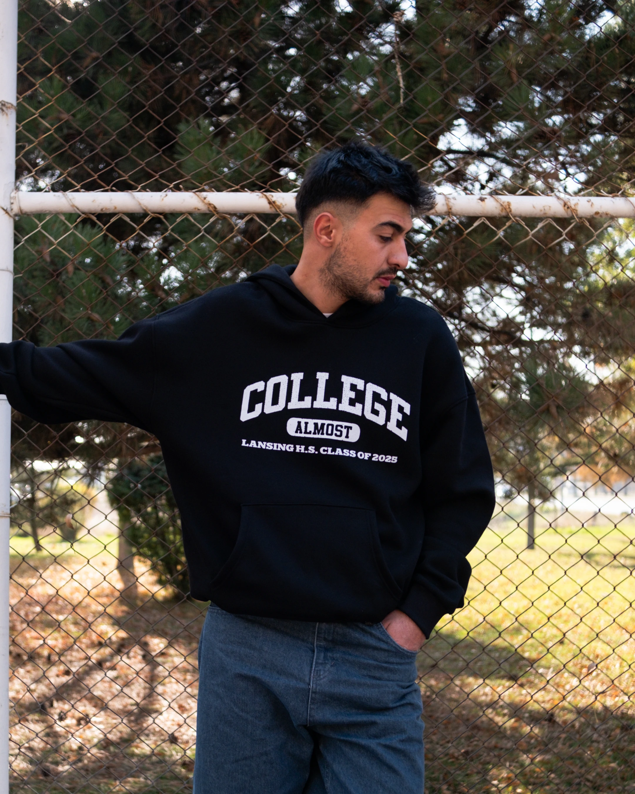 College Printed Oversized Hoodie Siyah