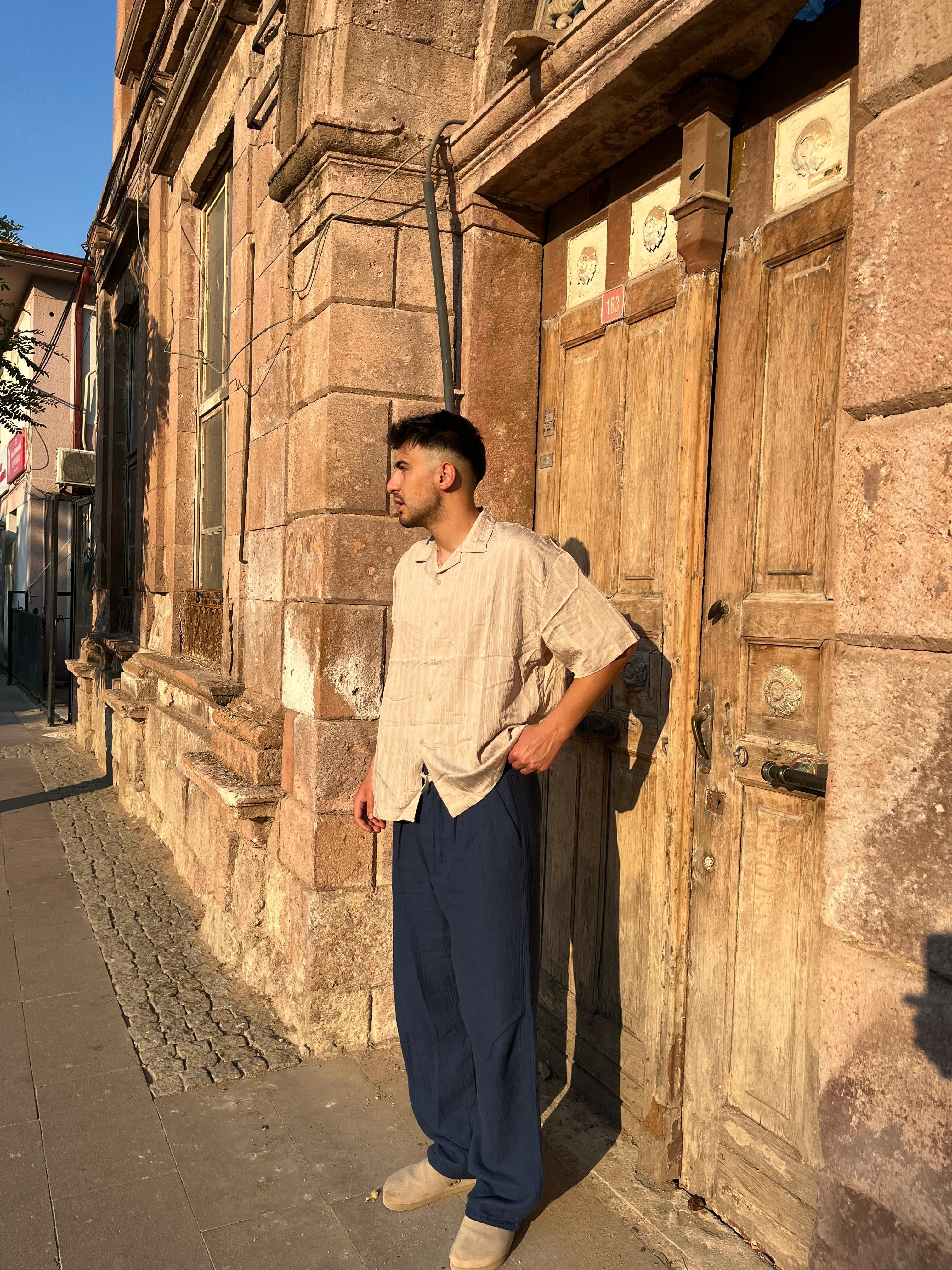 Bej Kısa Kollu Çizgili Oversize Gömlek