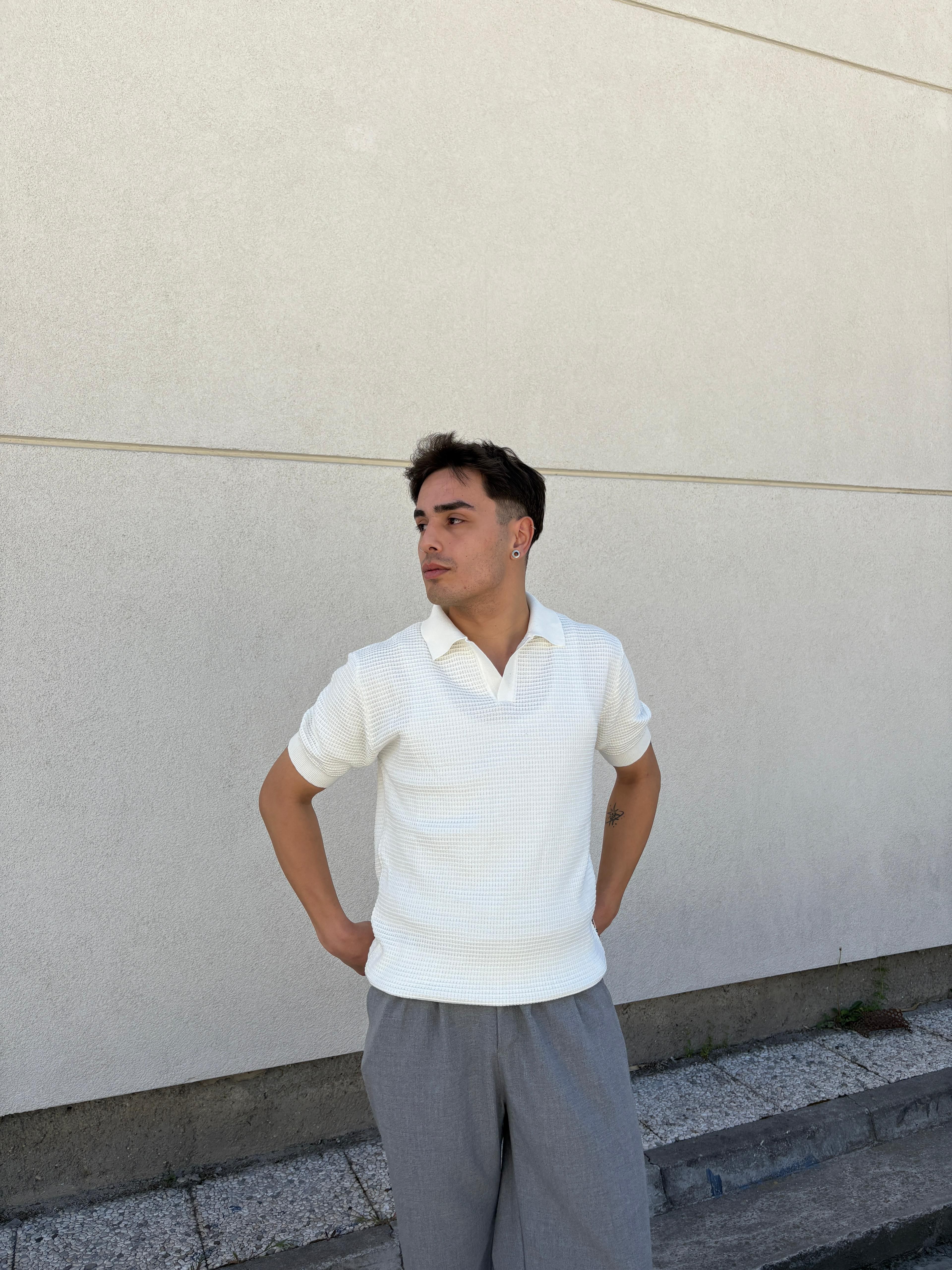 Ajurlu Relaxed Polo Yaka T-Shirt- Ekru