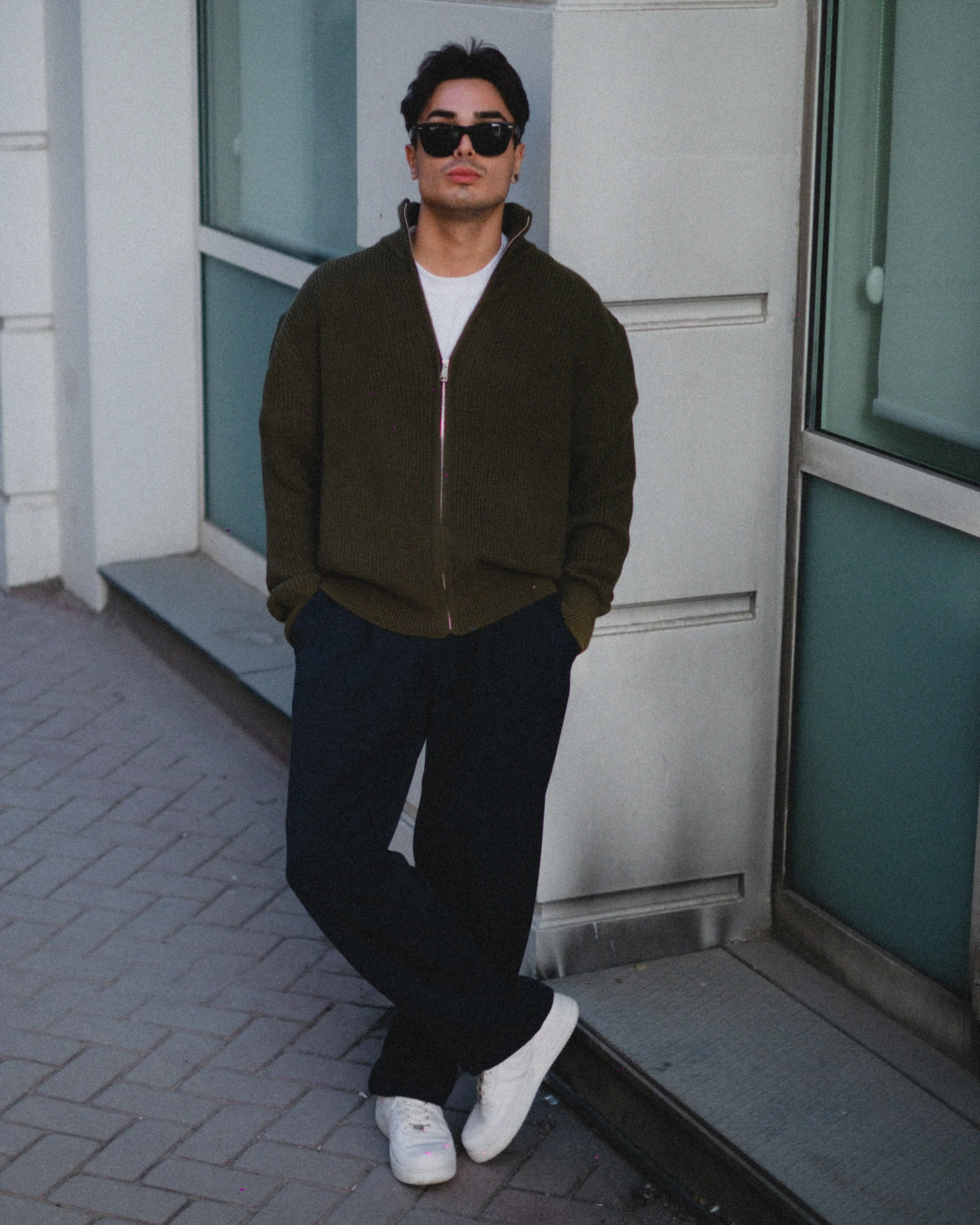 Haki Fermuarlı Oversize Triko