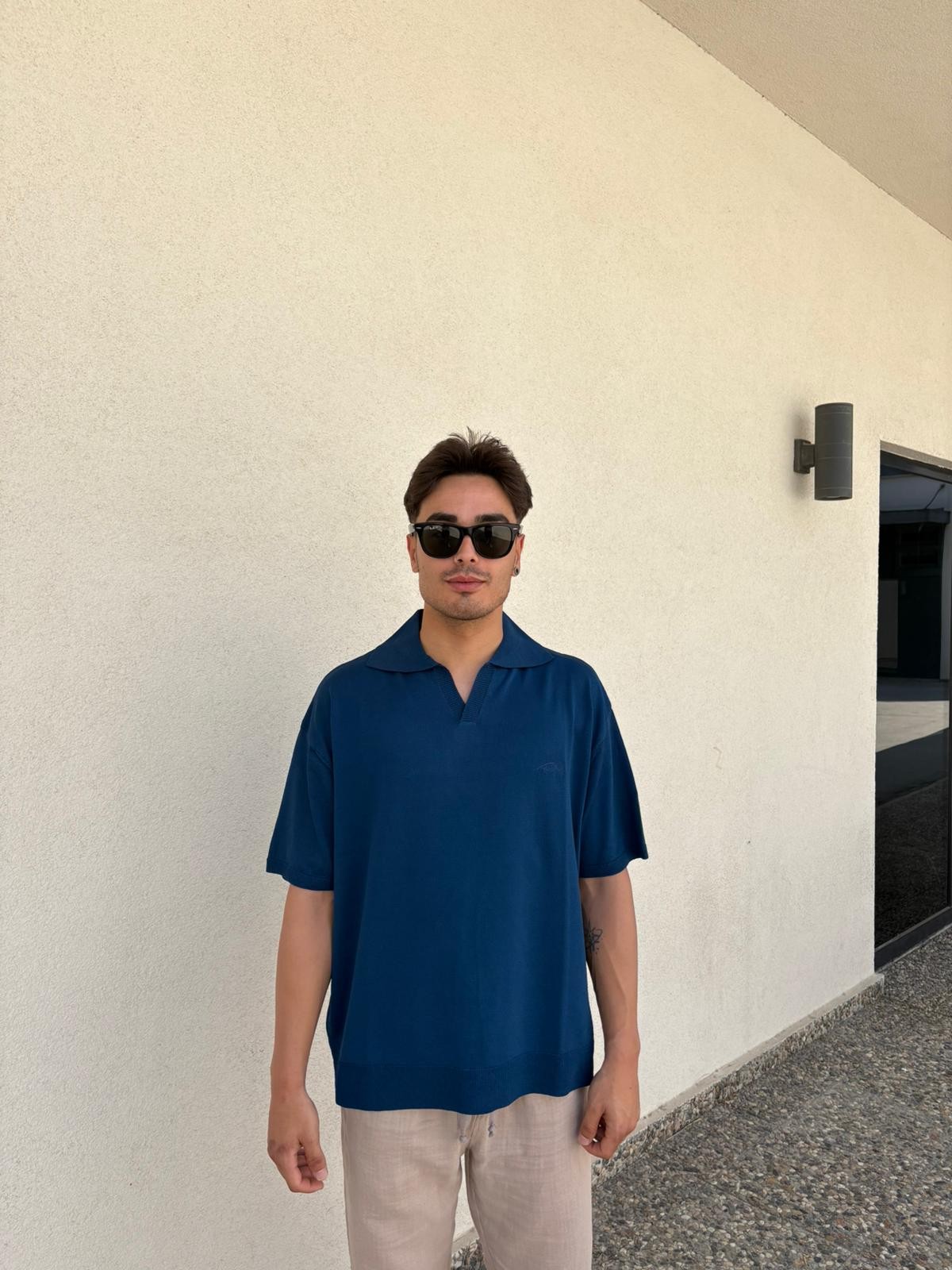 Oversize Patlı Polo Yaka Tişört - İndigo