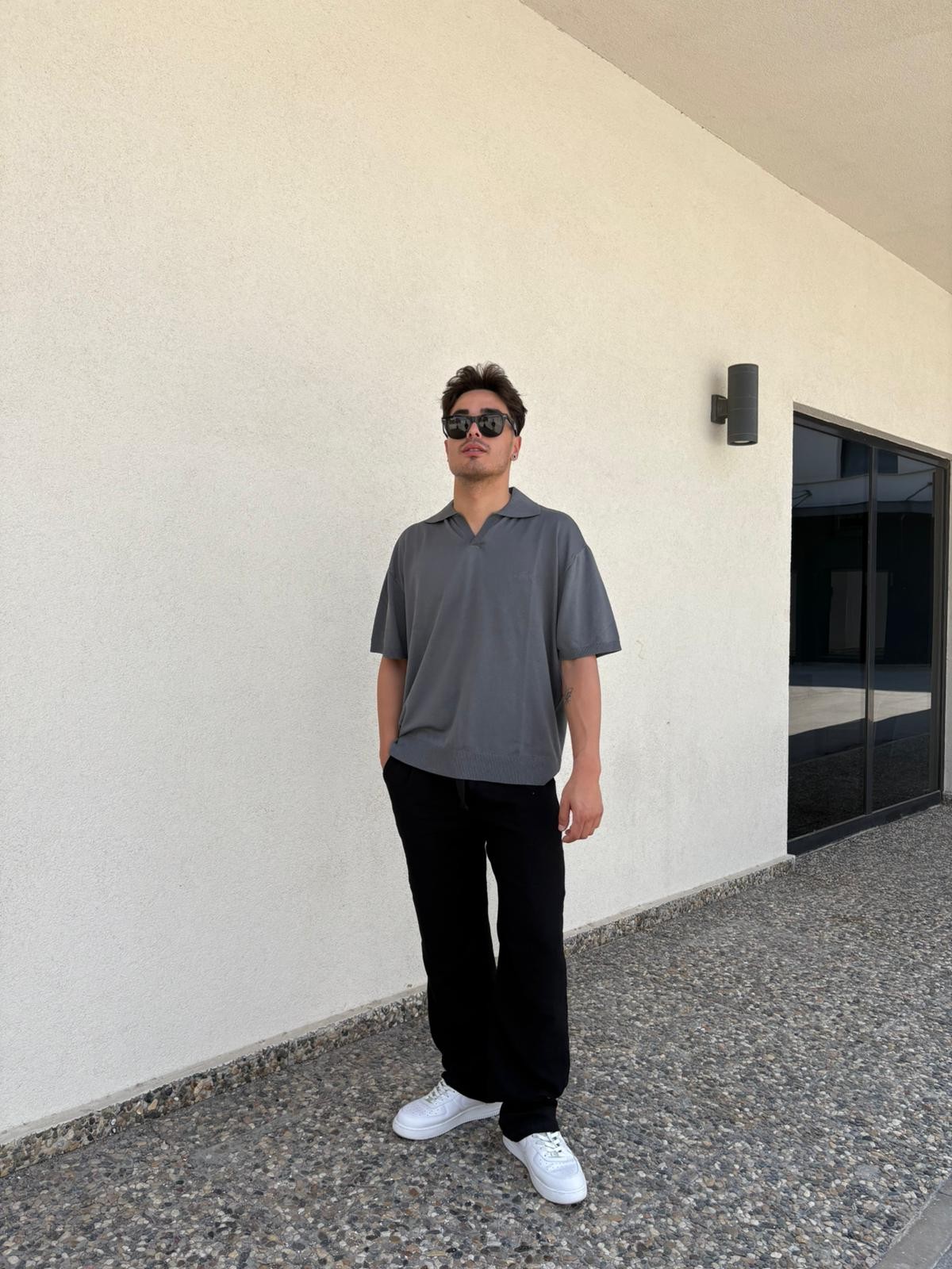 Oversize Patlı Polo Yaka Triko - Koyu Gri