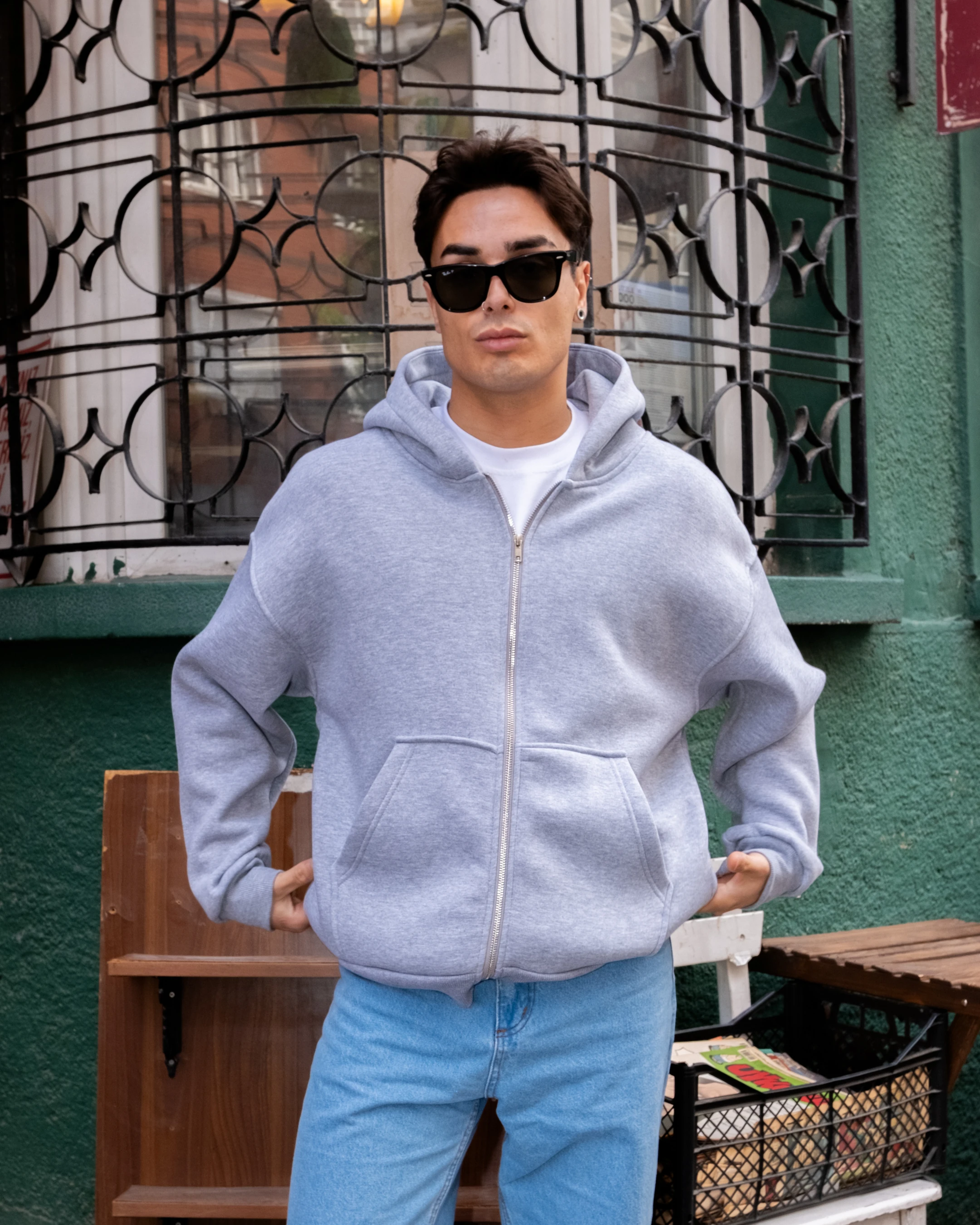 Gri Basic Full Zip Oversize Hoodie