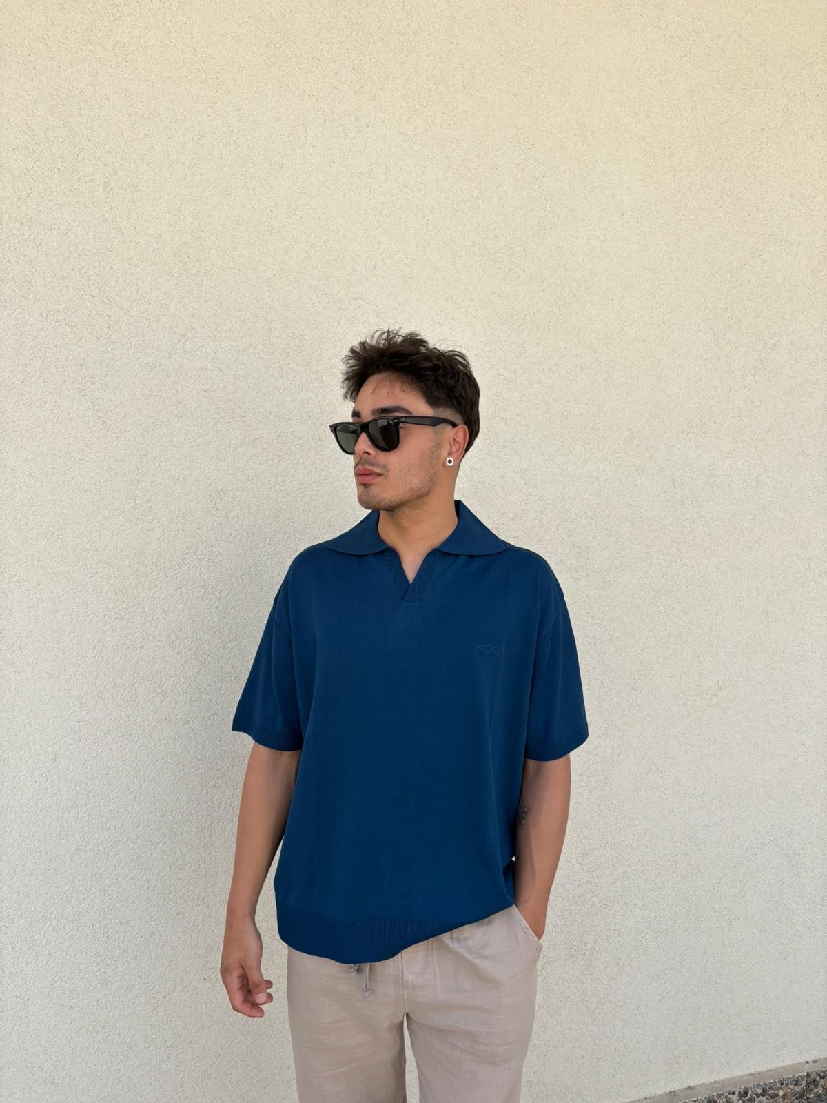 Oversize Patlı Polo Yaka Tişört - İndigo