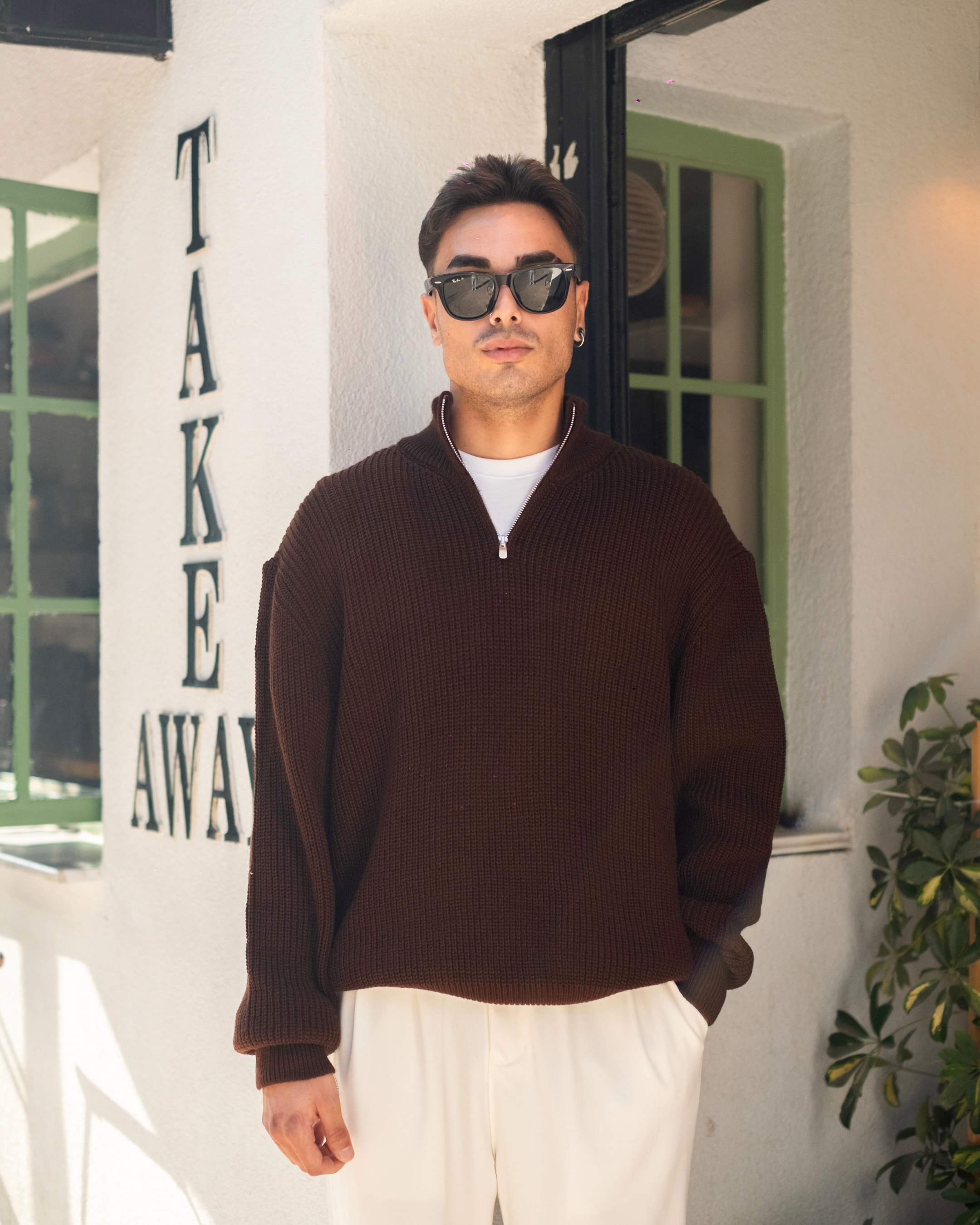 Kahve Half Zip Oversize Triko 