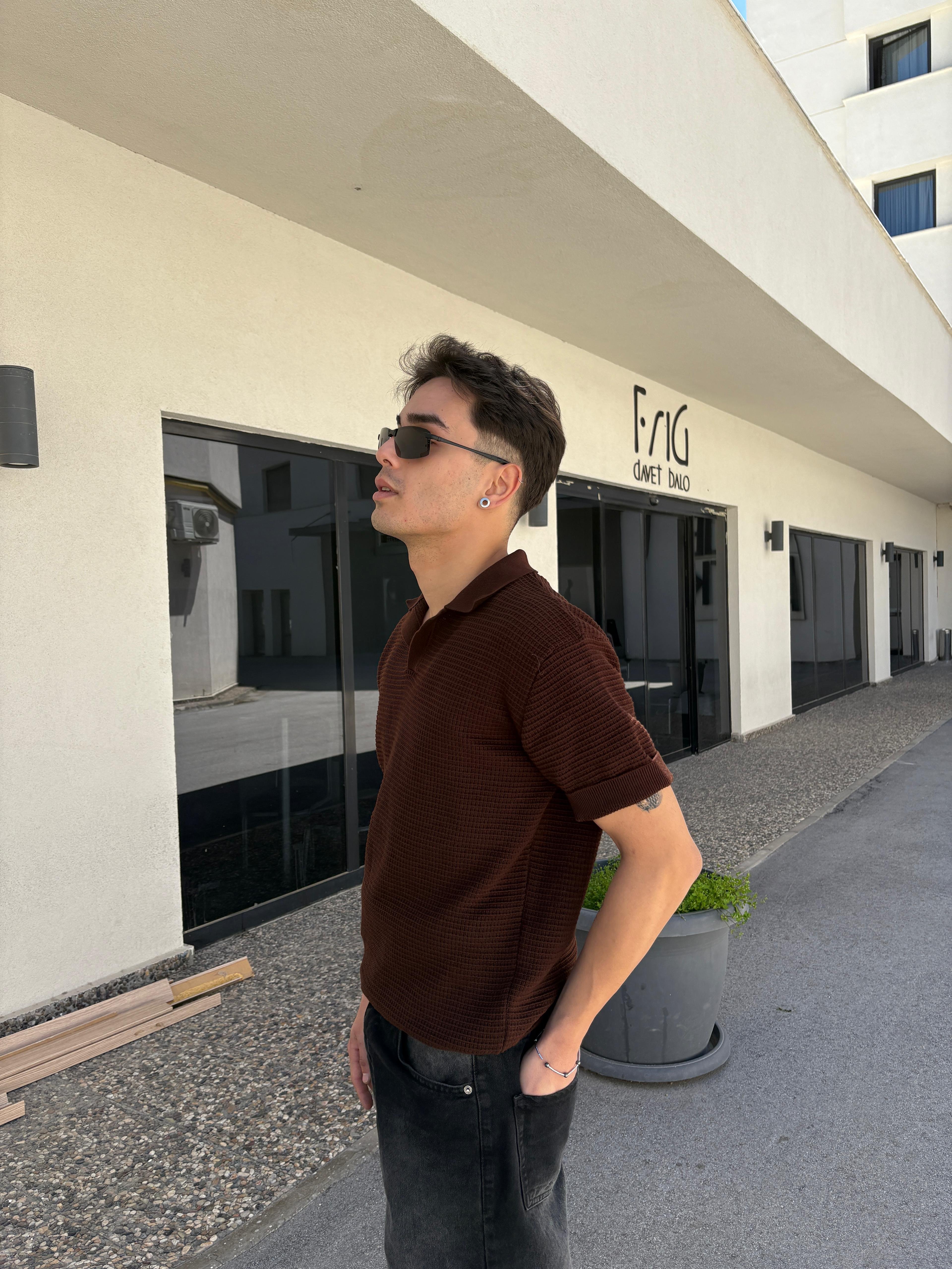 Ajurlu Relaxed Polo Yaka T-Shirt- Kahverengi