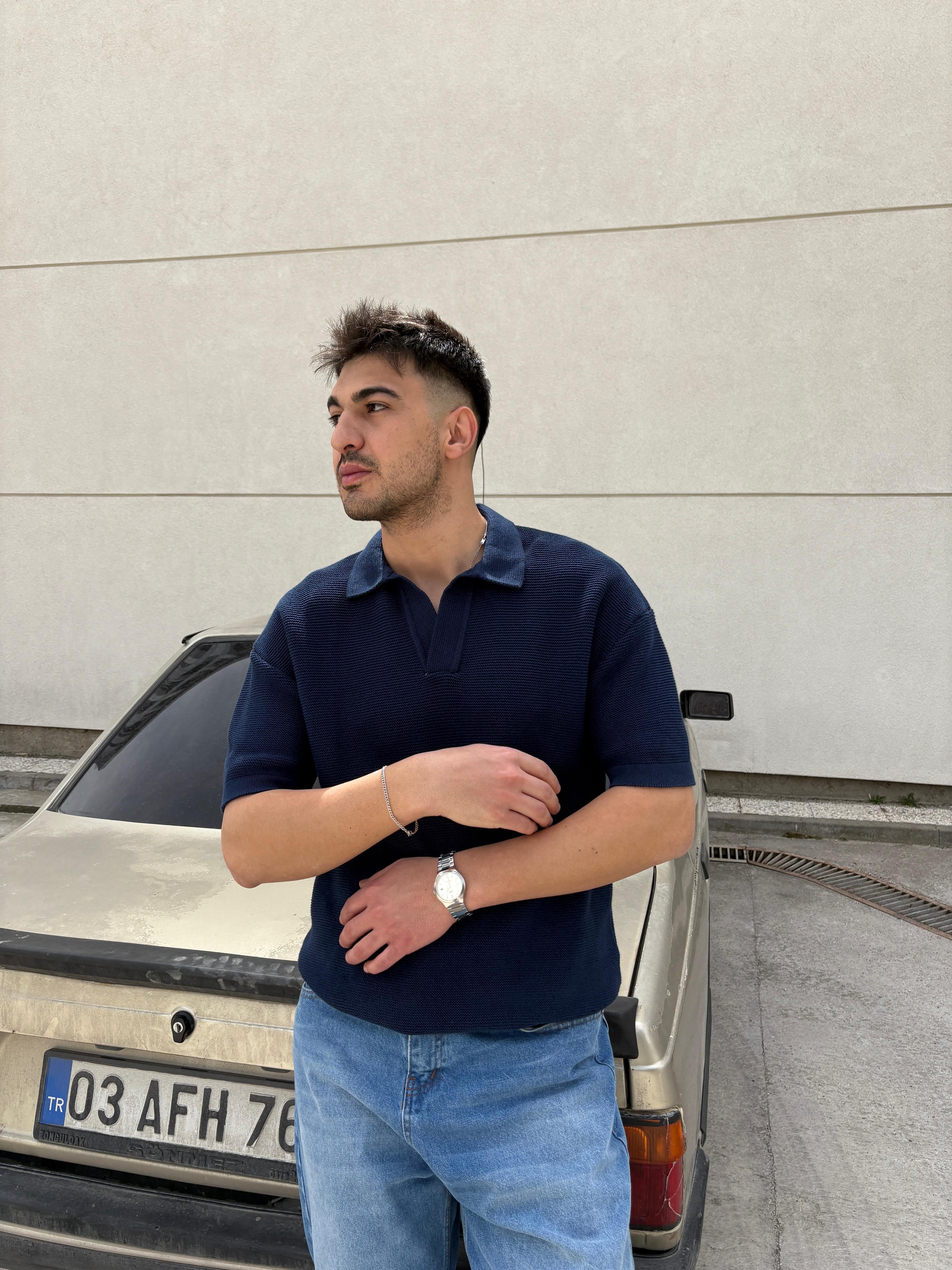 Relaxed Polo Yaka Triko T-shirt- Lacivert
