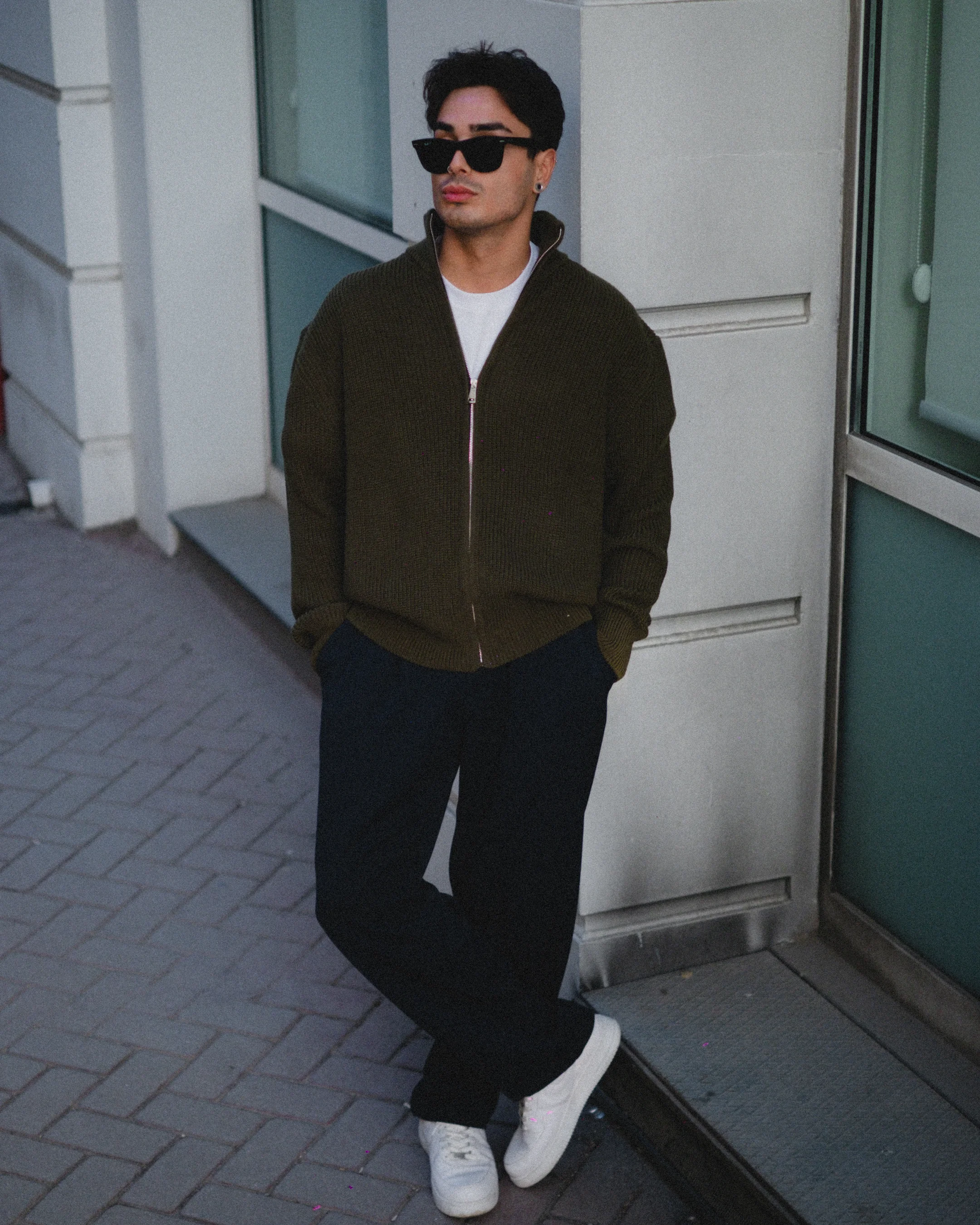 Haki Fermuarlı Oversize Triko