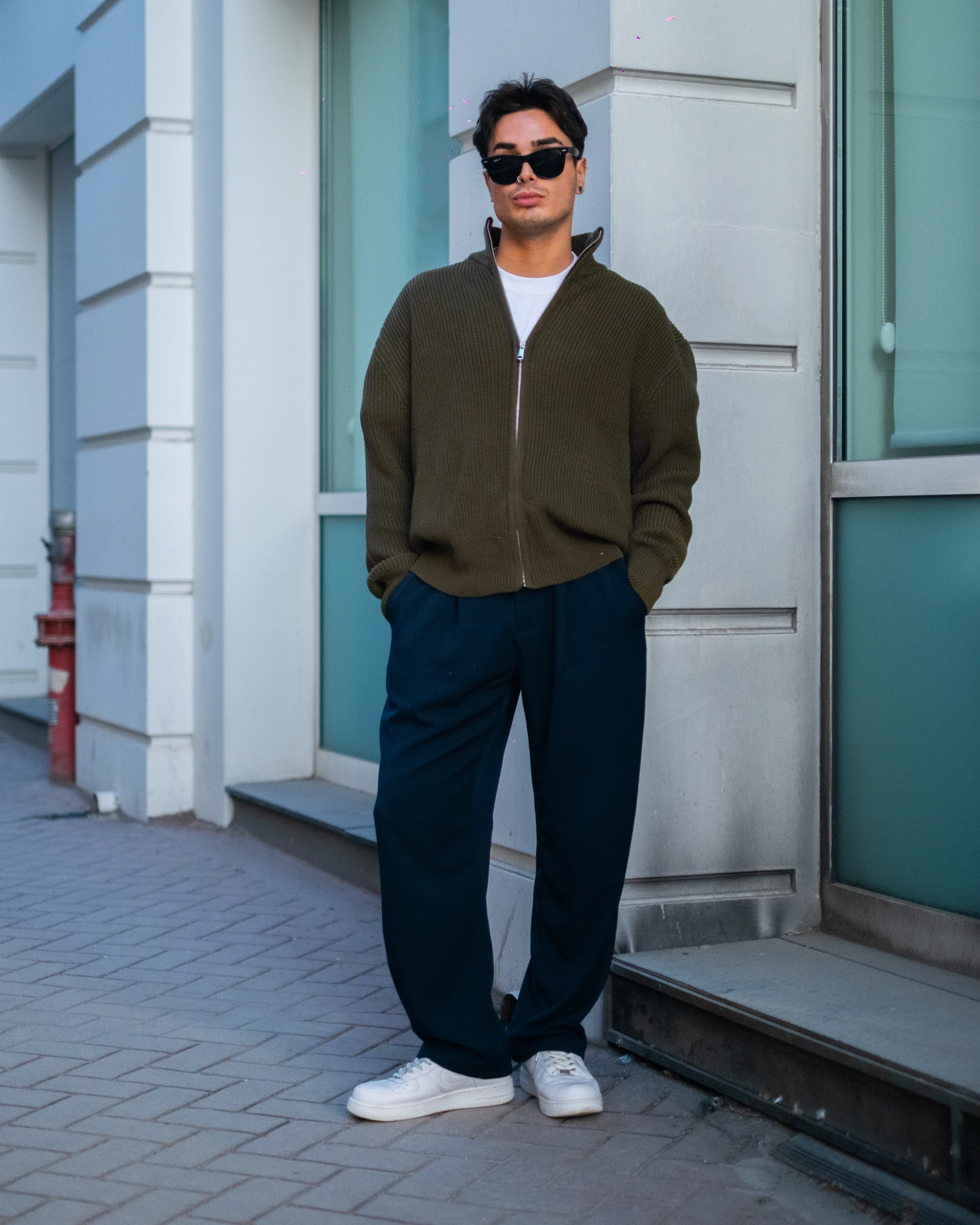 Haki Fermuarlı Oversize Triko