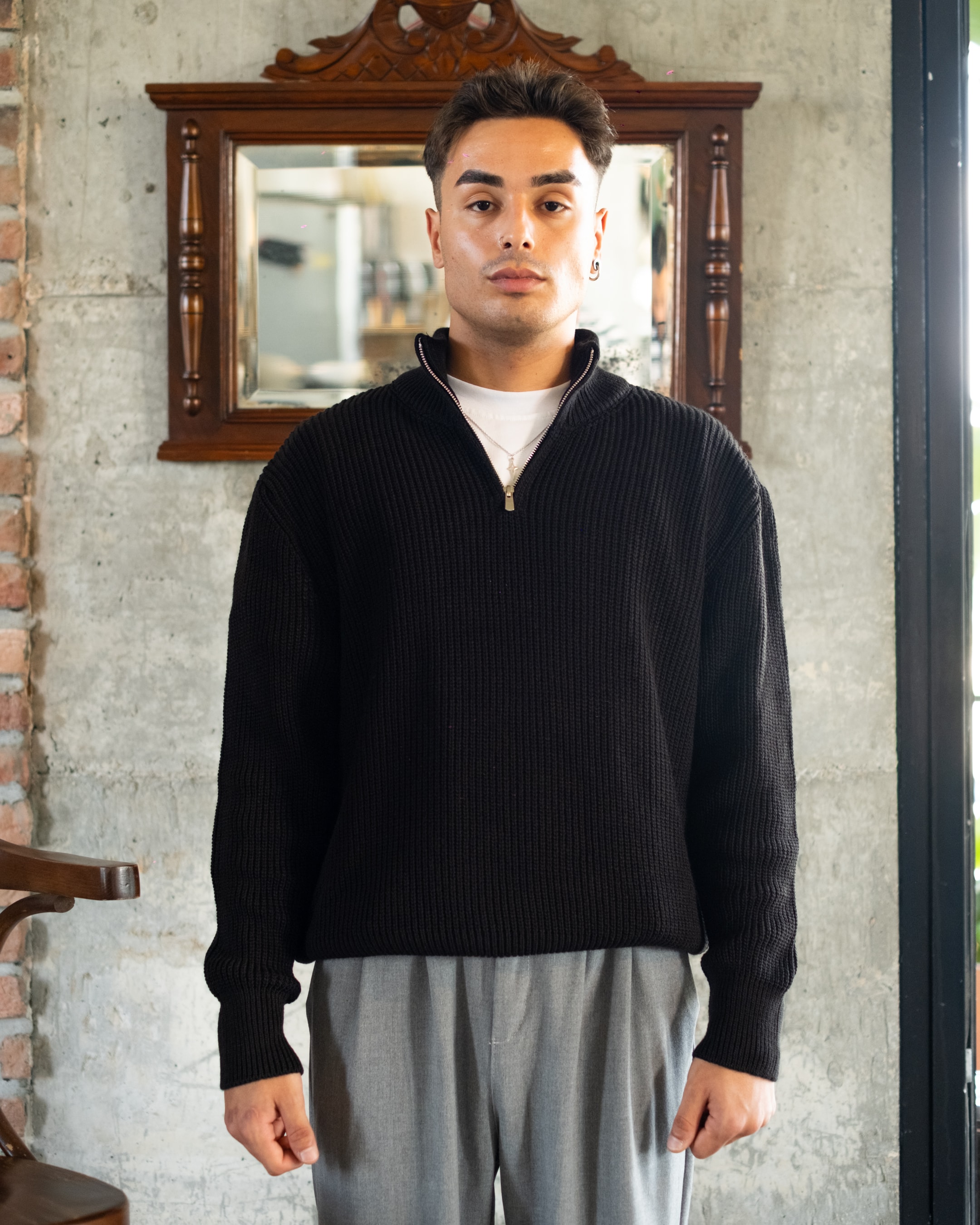 Siyah Half Zip Oversize Triko