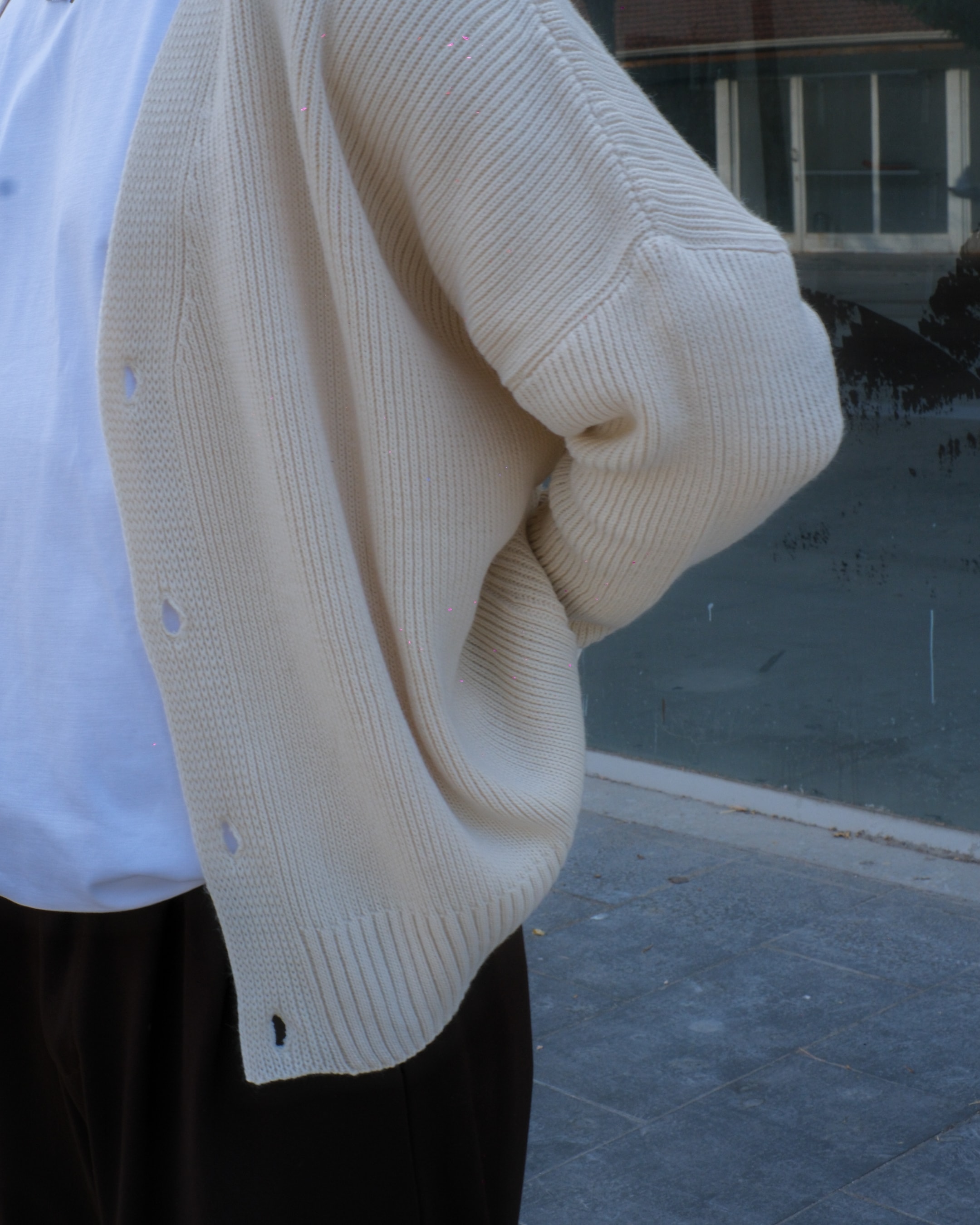Krem Düğme Detay Oversize Triko Hırka