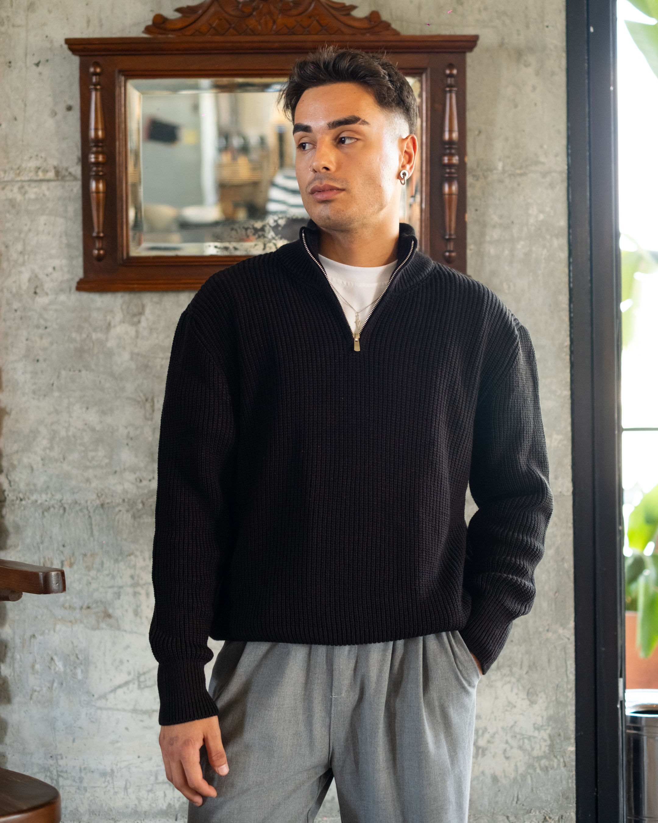 Siyah Half Zip Oversize Triko