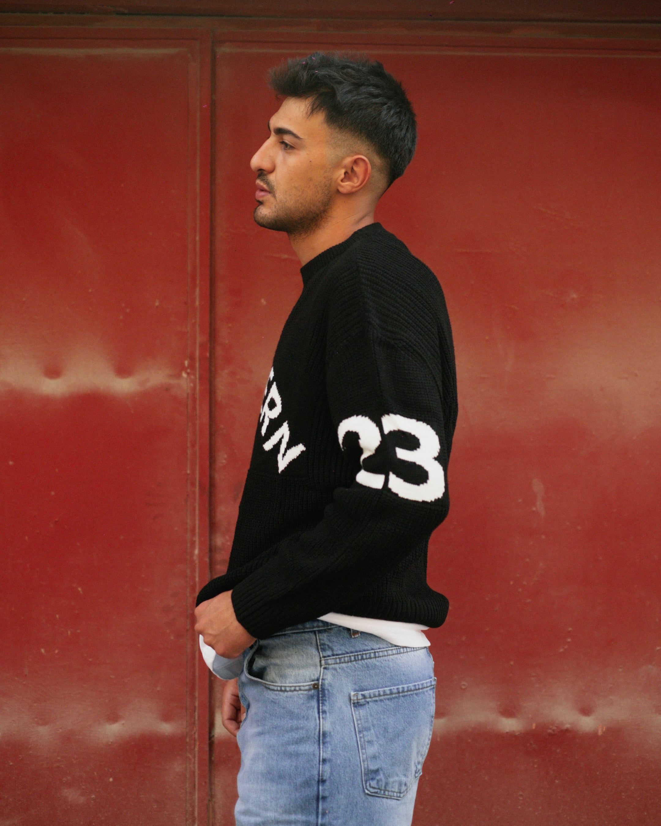 Siyah Western Nakışlı Oversize Triko