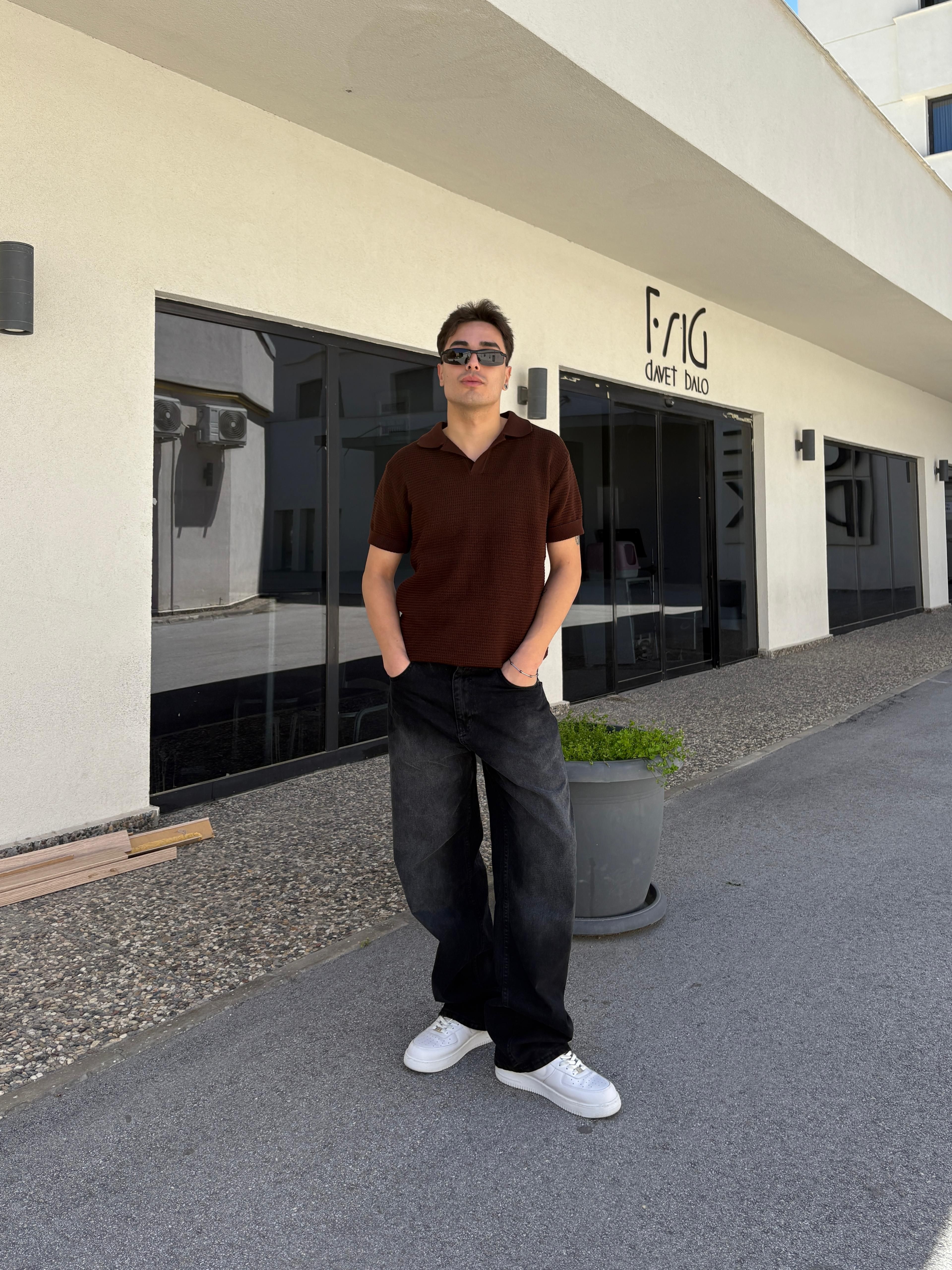 Ajurlu Relaxed Polo Yaka T-Shirt- Kahverengi