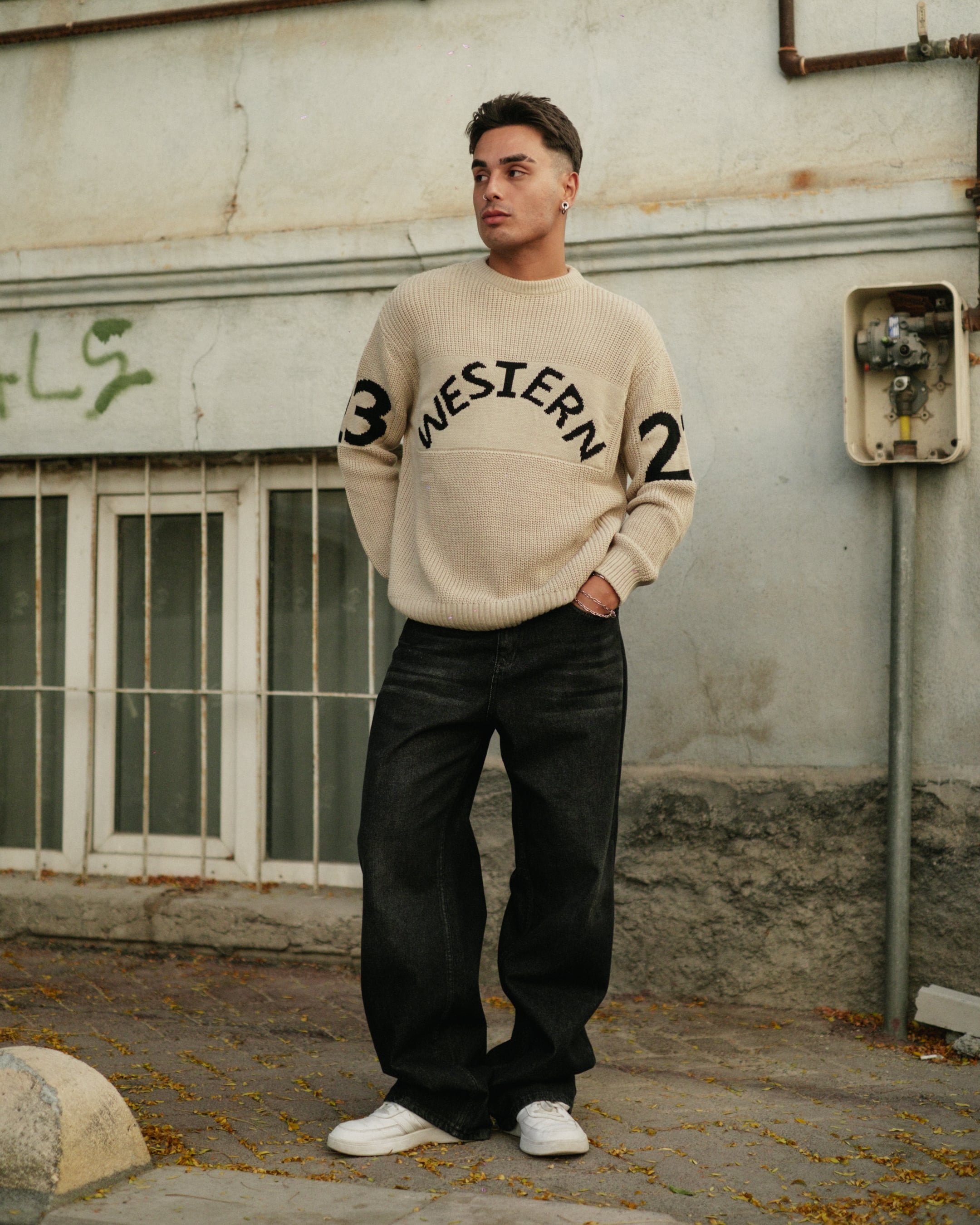 Western Nakışlı Premium Oversize Triko - Bej