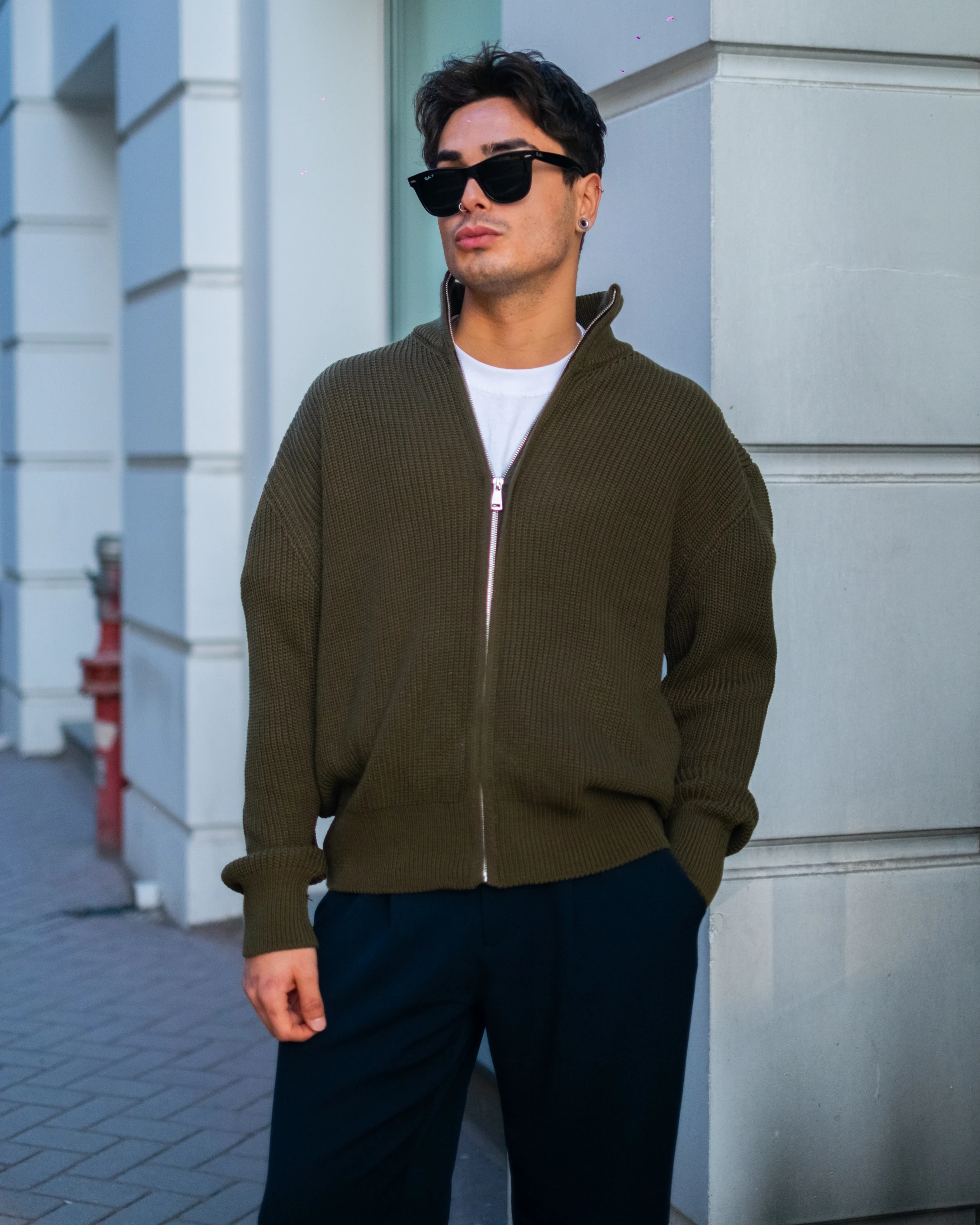 Haki Fermuarlı Oversize Triko