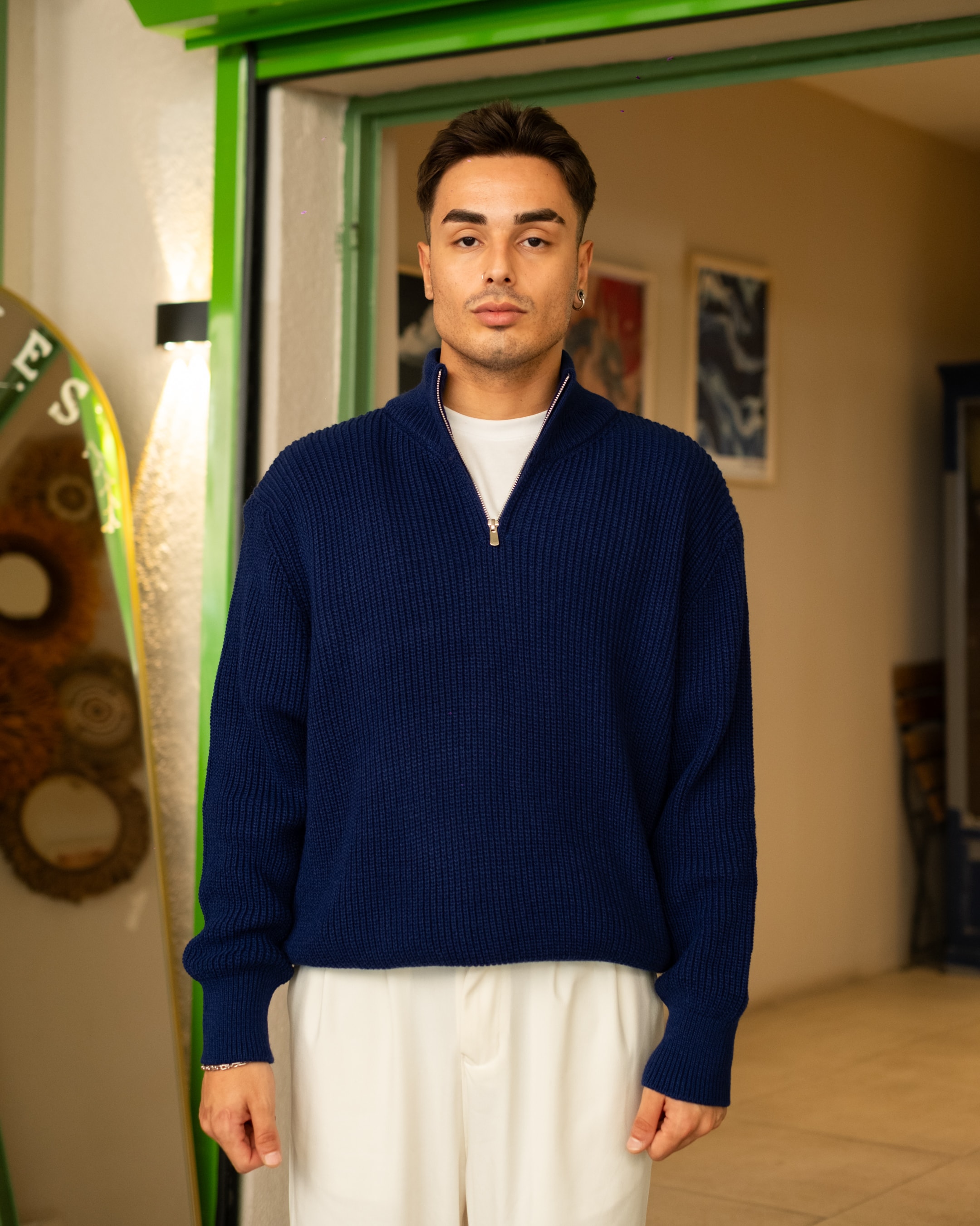 İndigo Half Zip Oversize Triko 