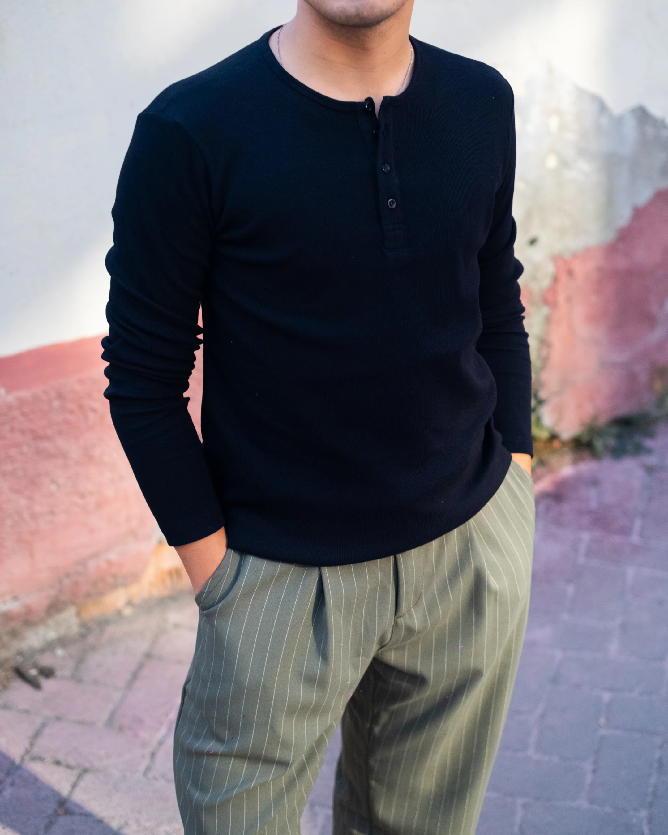 Siyah Düğmeli Uzun Kol Slim Fit Tişört