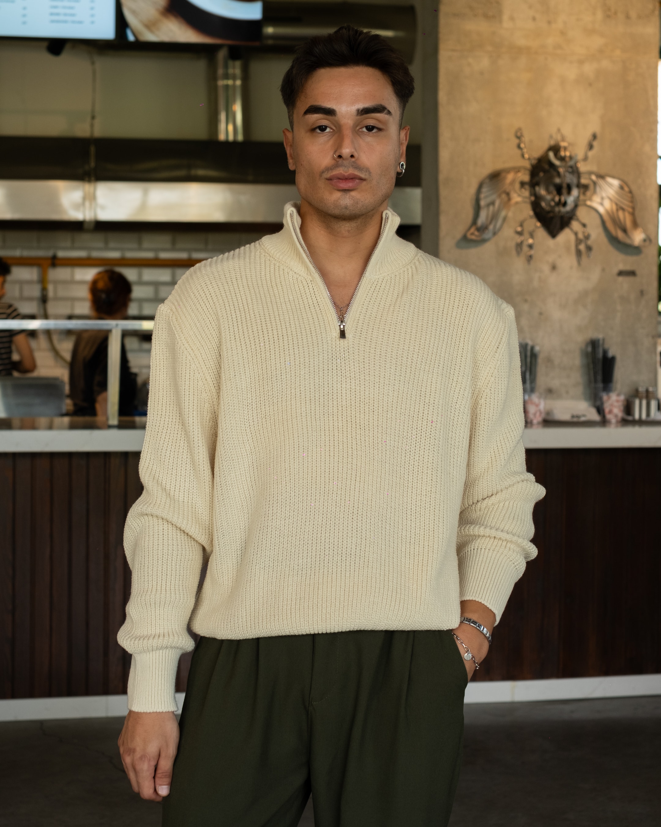Krem Half Zip Oversize Triko
