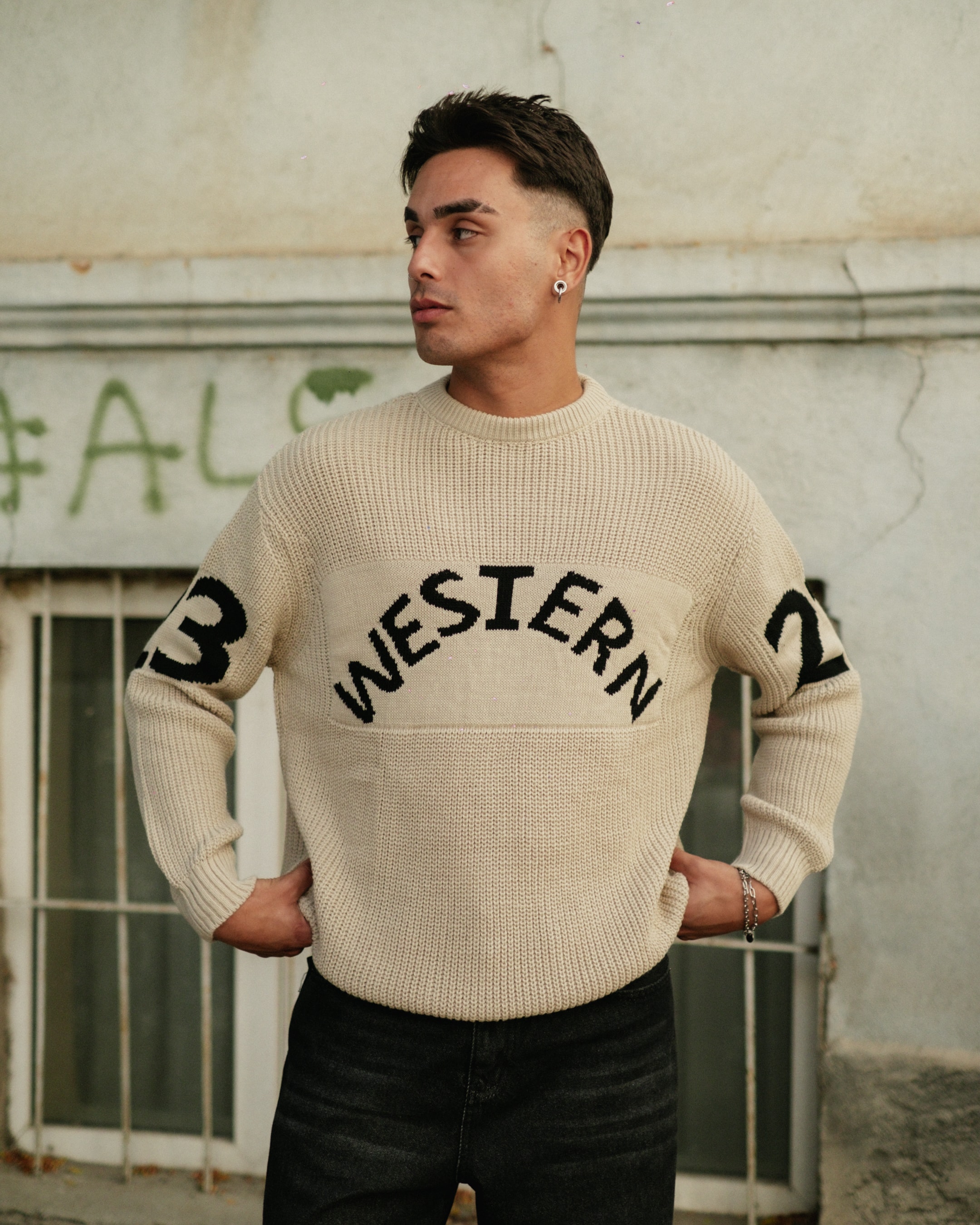 Western Nakışlı Premium Oversize Triko - Bej