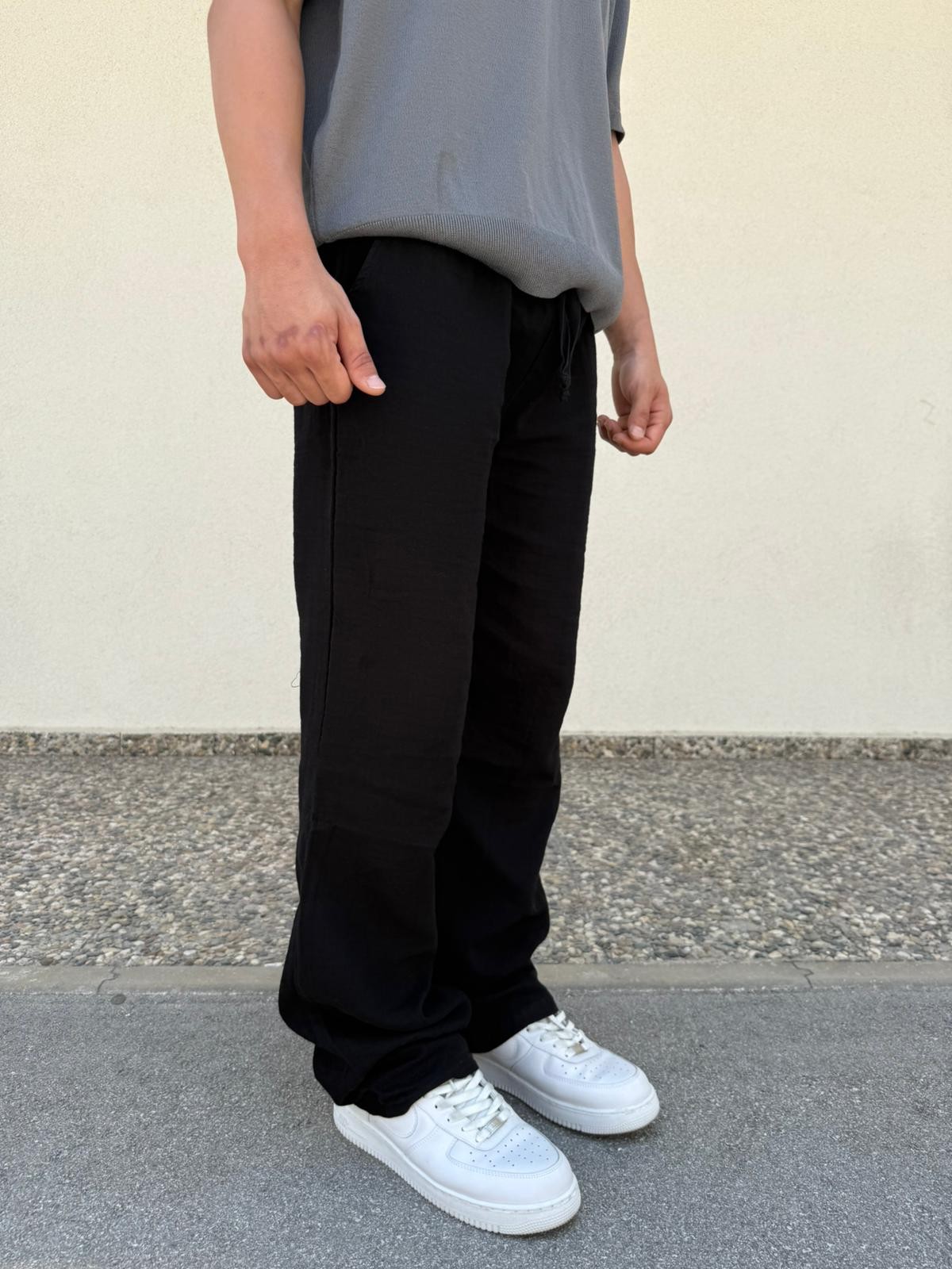 Siyah Unisex Straight Muslin Pantolon