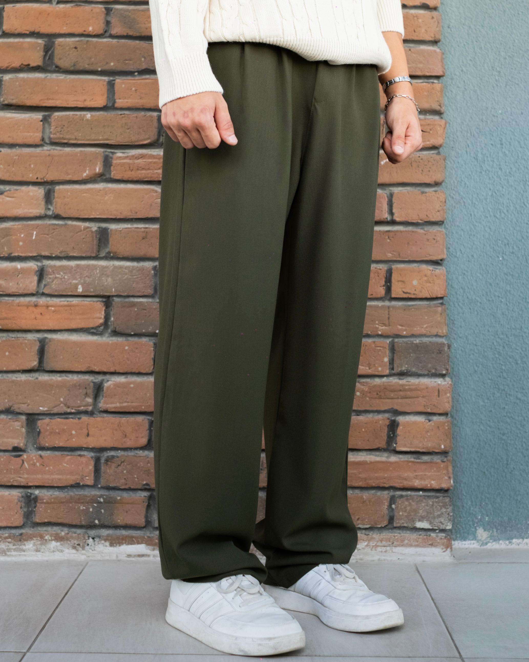 Koyu Haki Basic Baggy Kumaş Pantolon