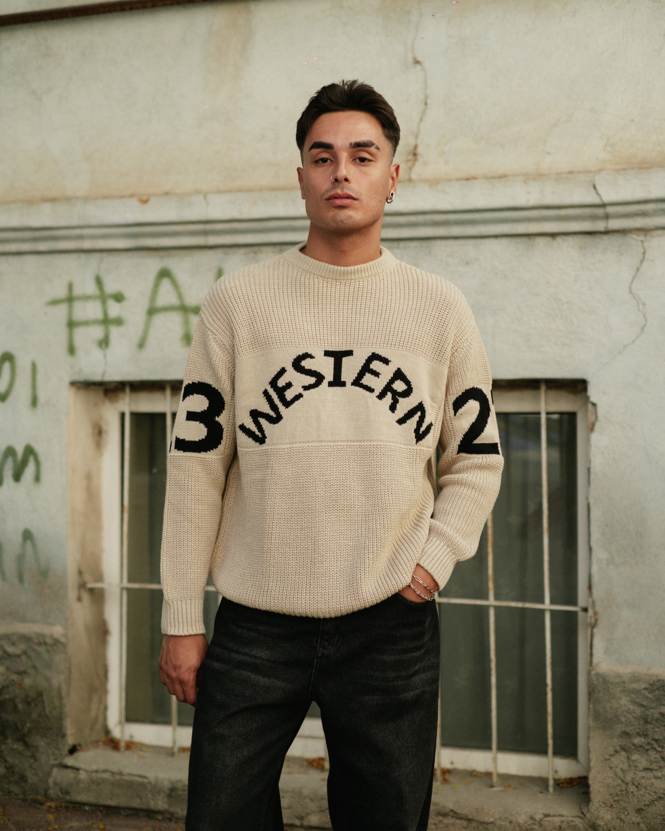 Western Nakışlı Premium Oversize Triko - Bej