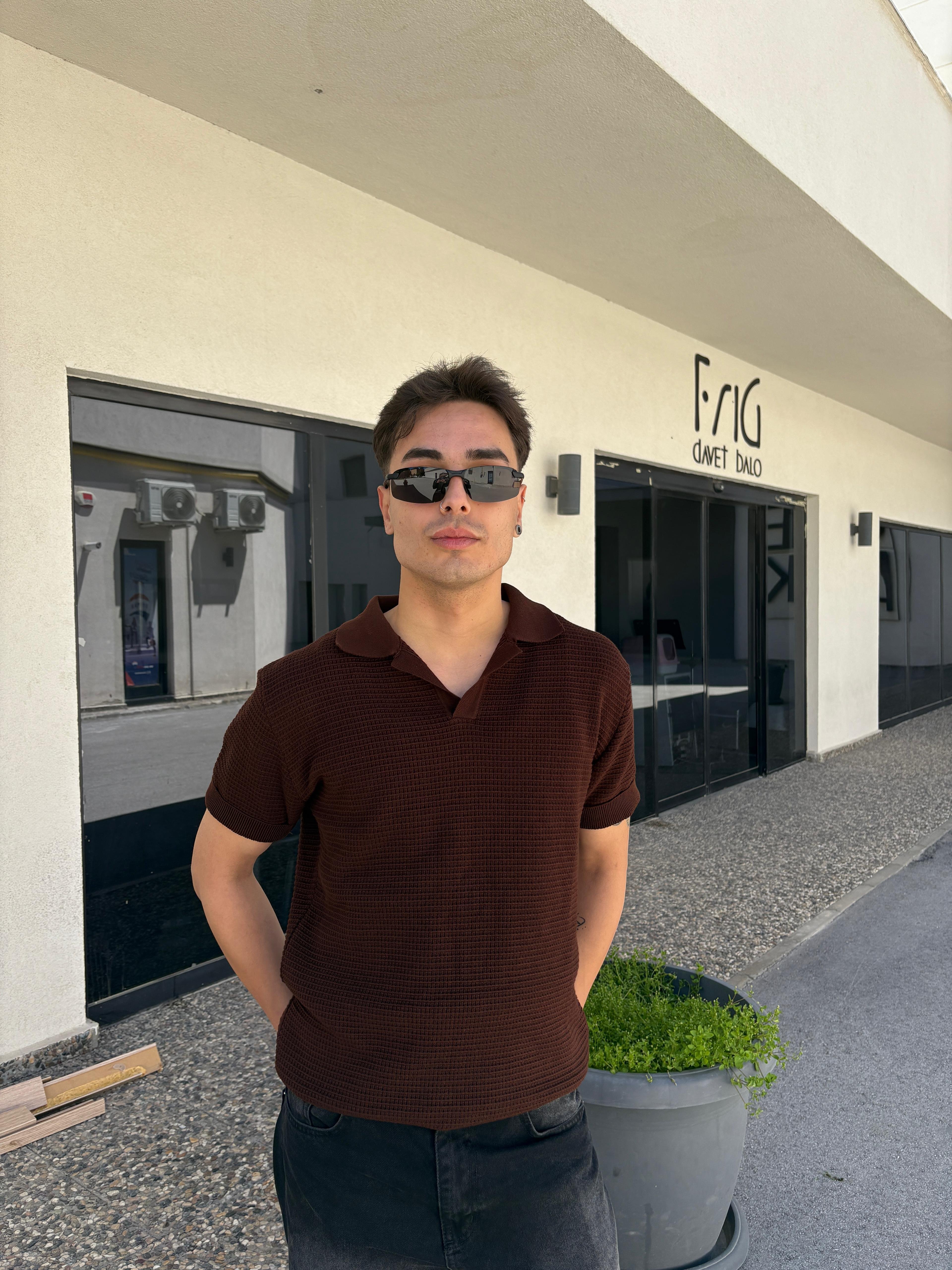 Ajurlu Relaxed Polo Yaka T-Shirt- Kahverengi