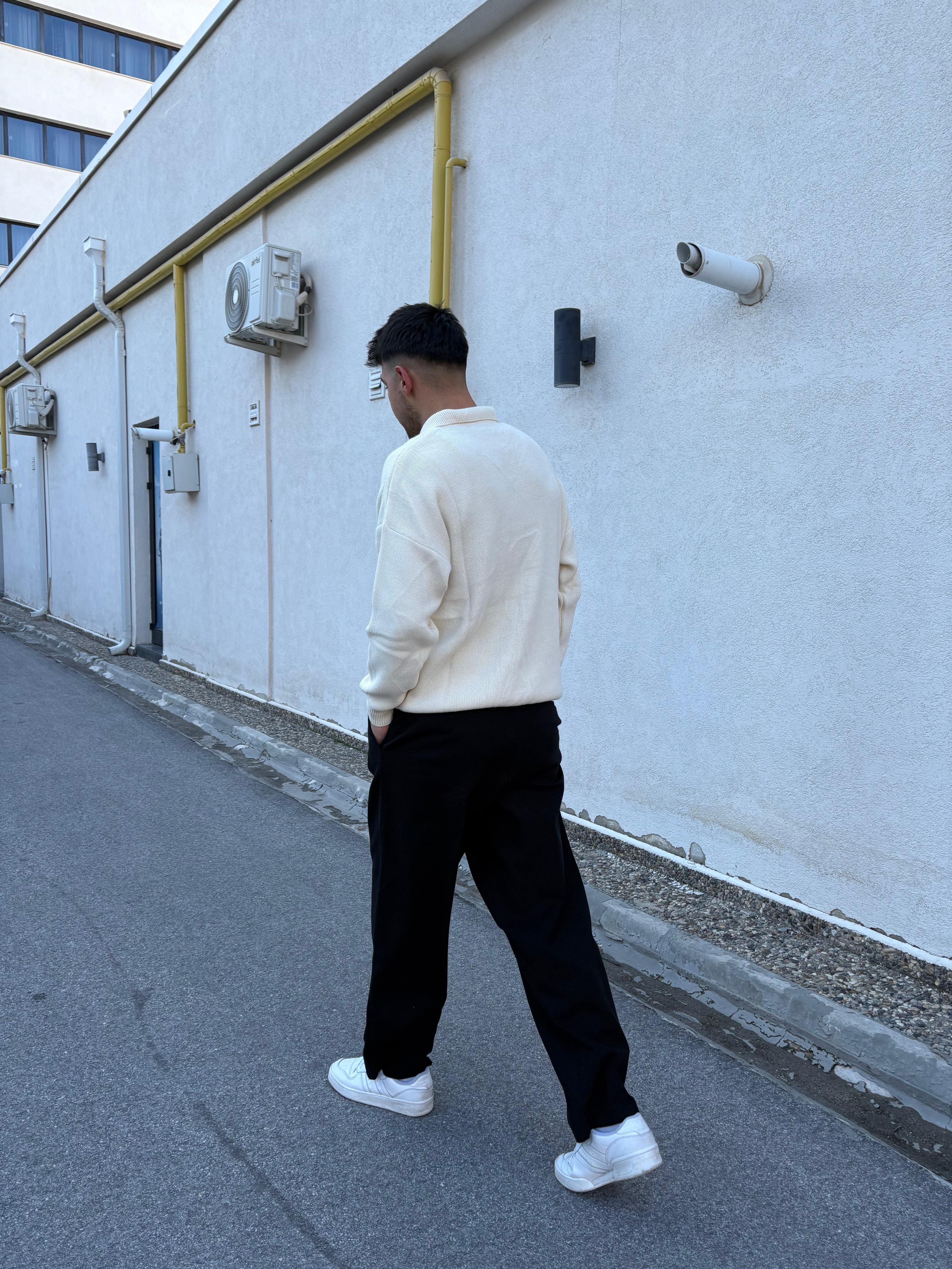 Cream Oversize Polo Yaka Triko