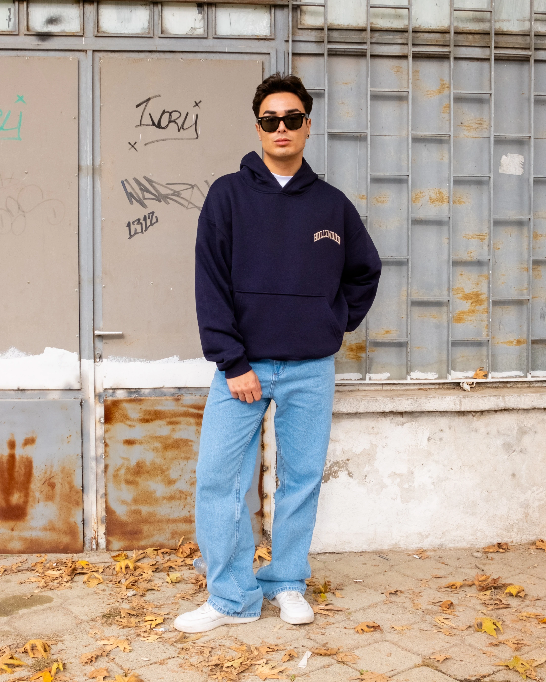 Hollywood Nakışlı Lacivert Boxy Oversize Hoodie