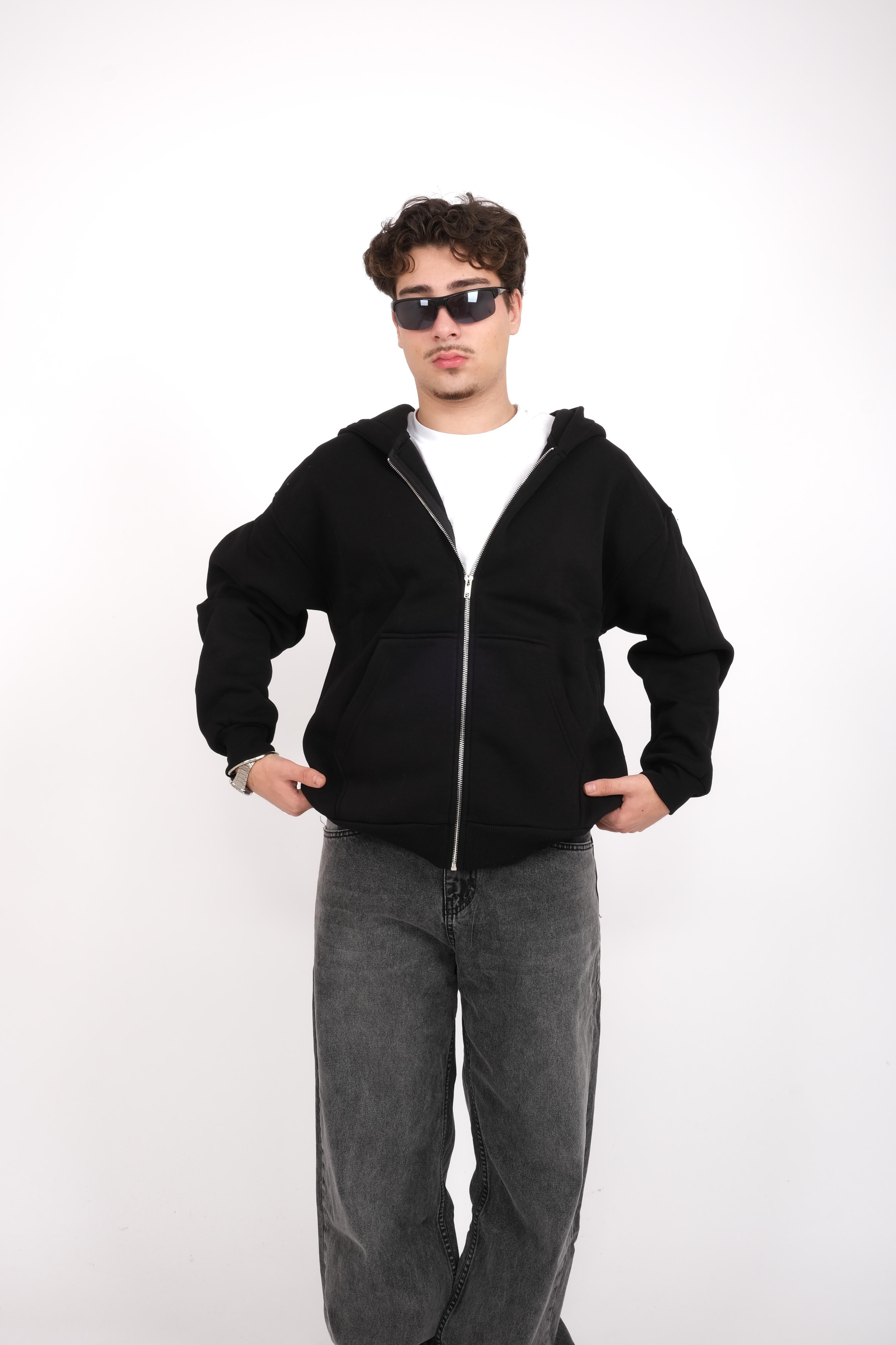 Black Basic Oversize Full Zip Hoodie