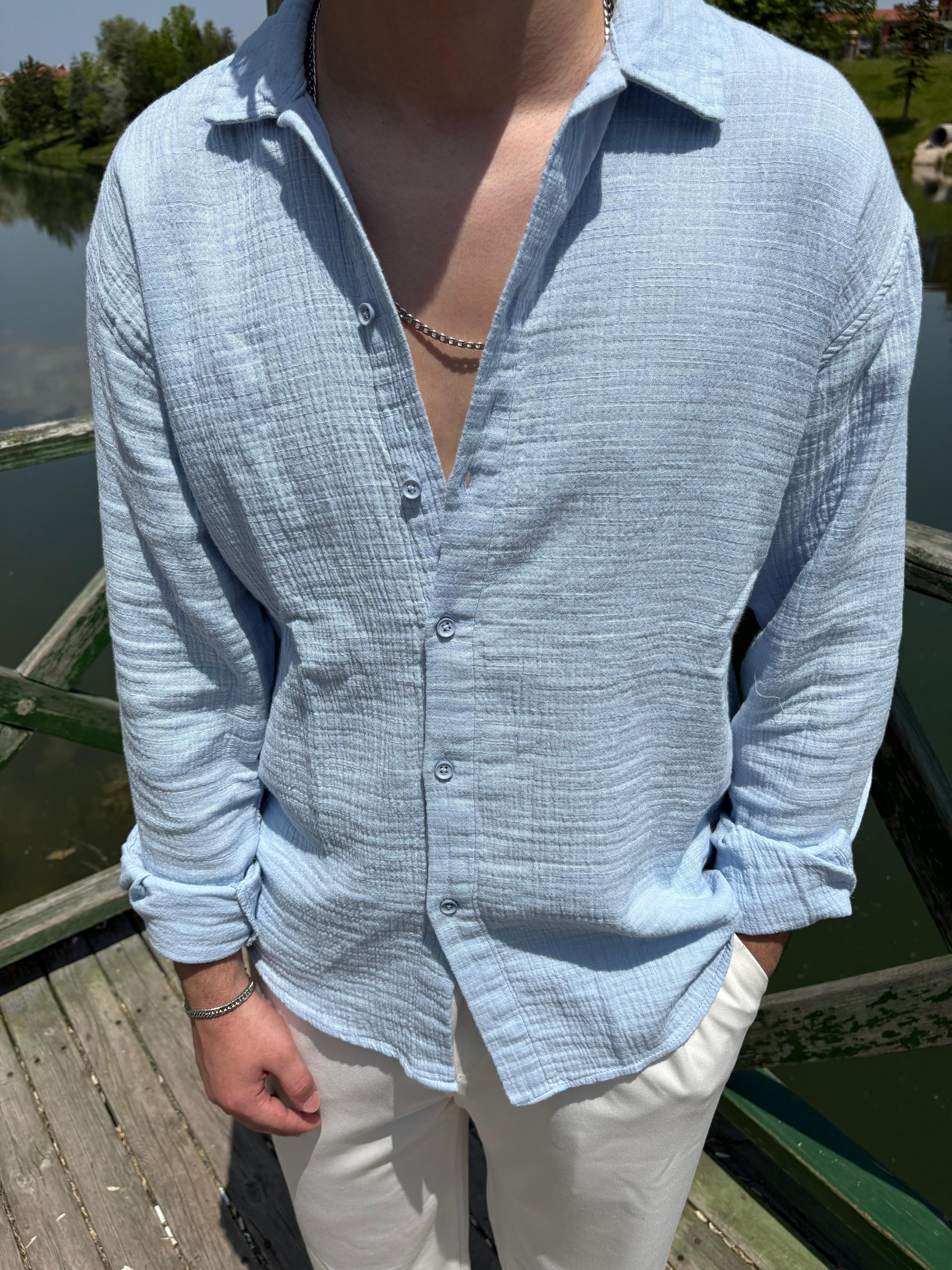 Oversize Açık Mavi Muslin Gömlek