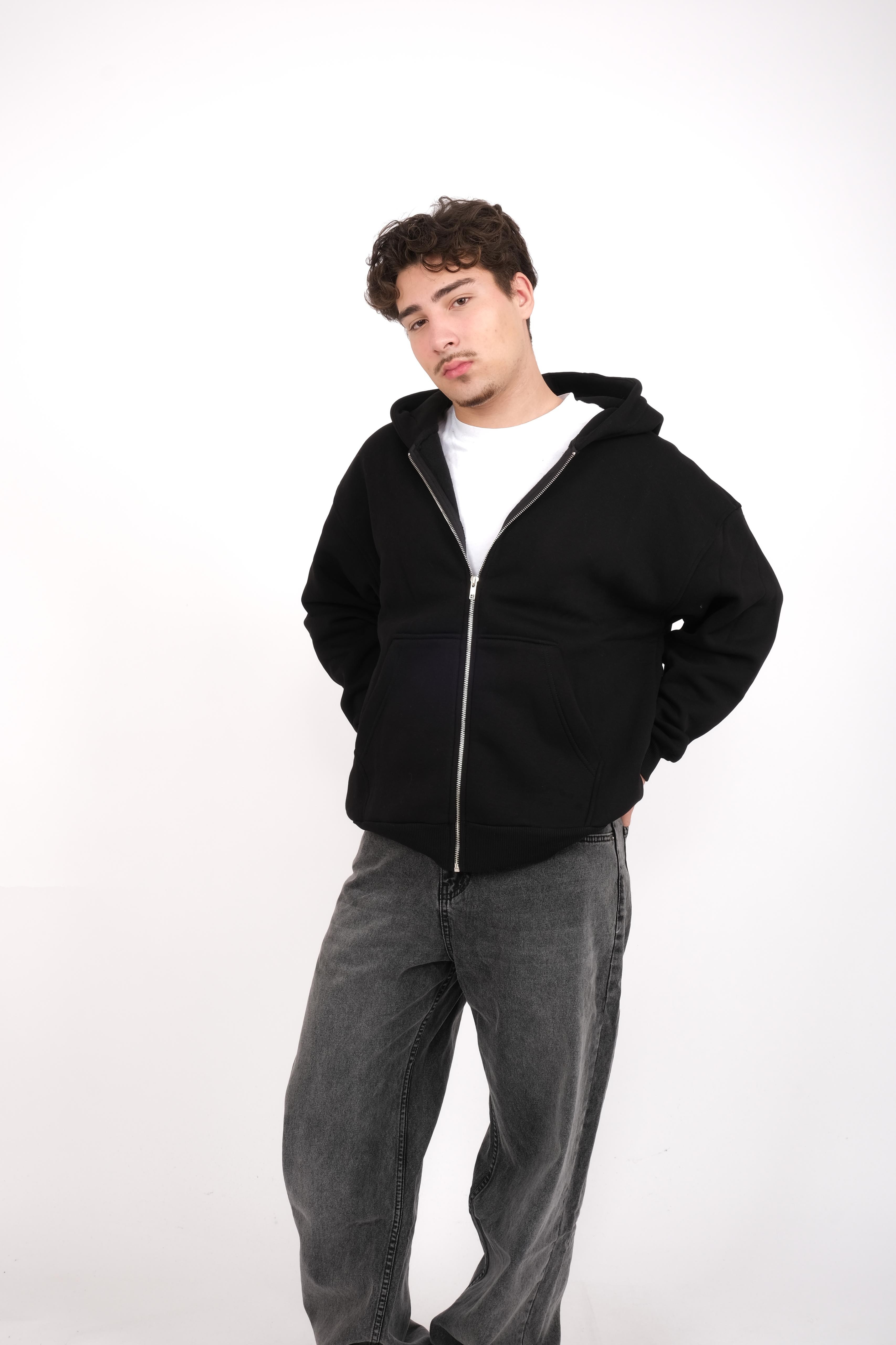 Black Basic Oversize Full Zip Hoodie