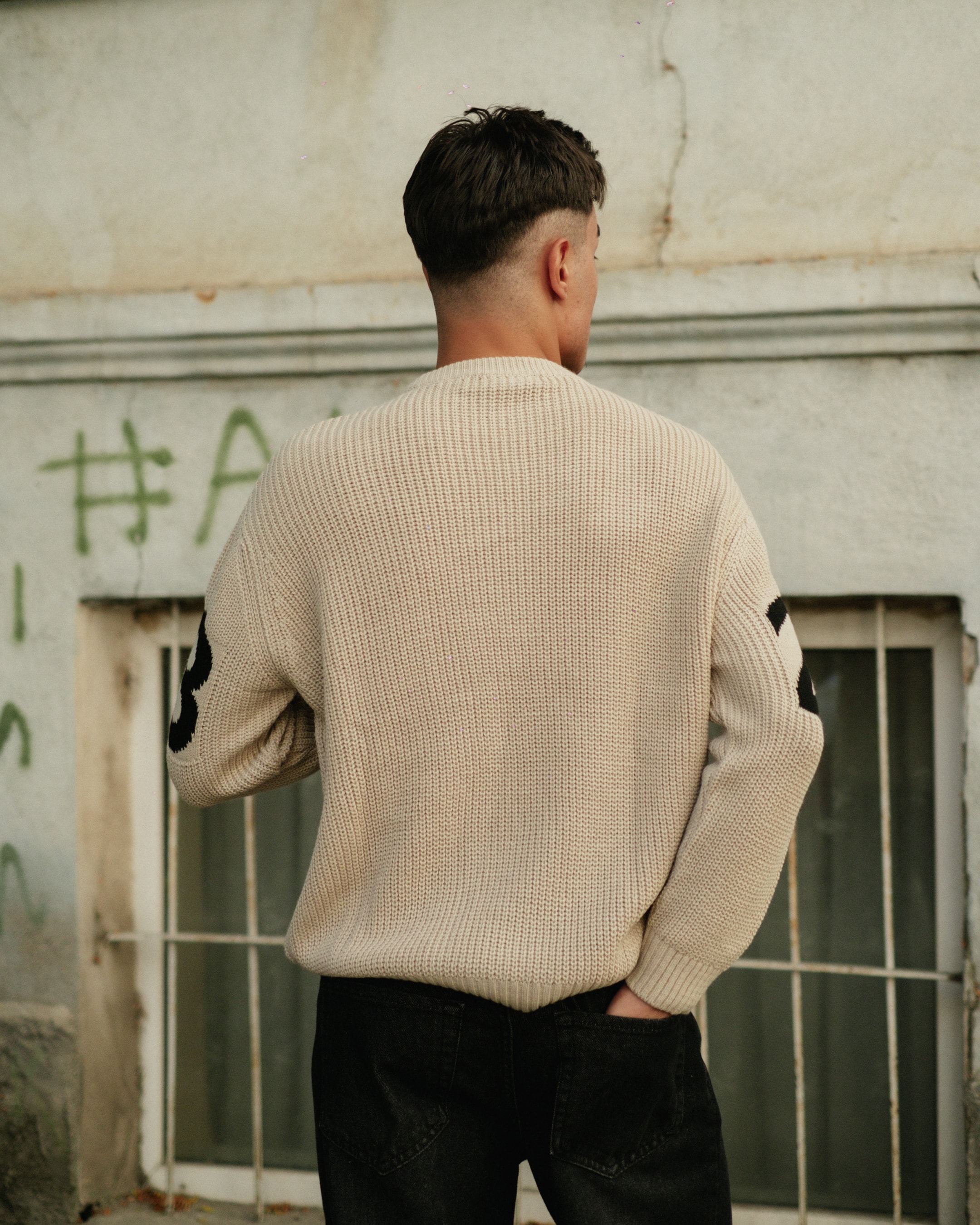 Western Nakışlı Premium Oversize Triko - Bej