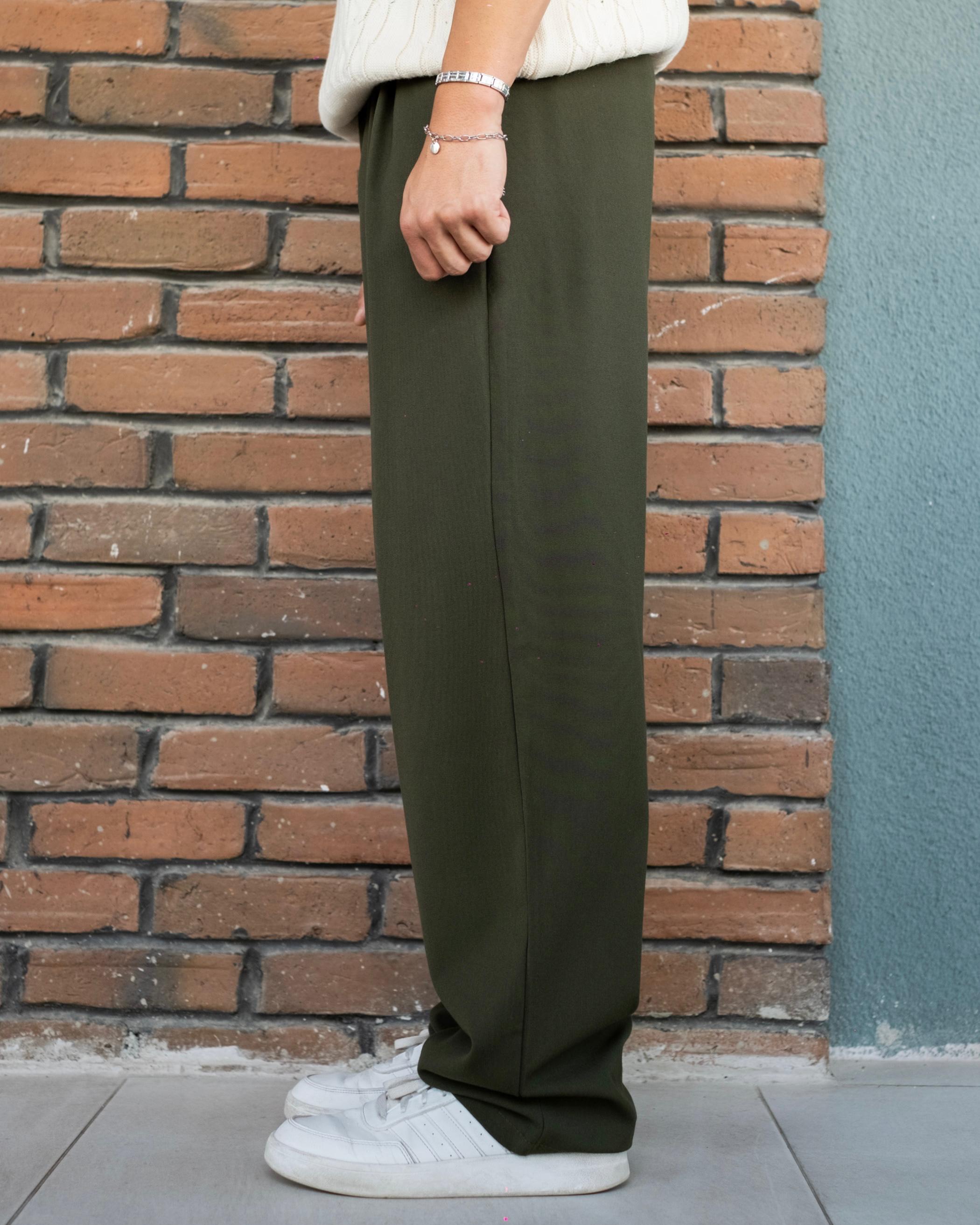 Koyu Haki Basic Baggy Kumaş Pantolon