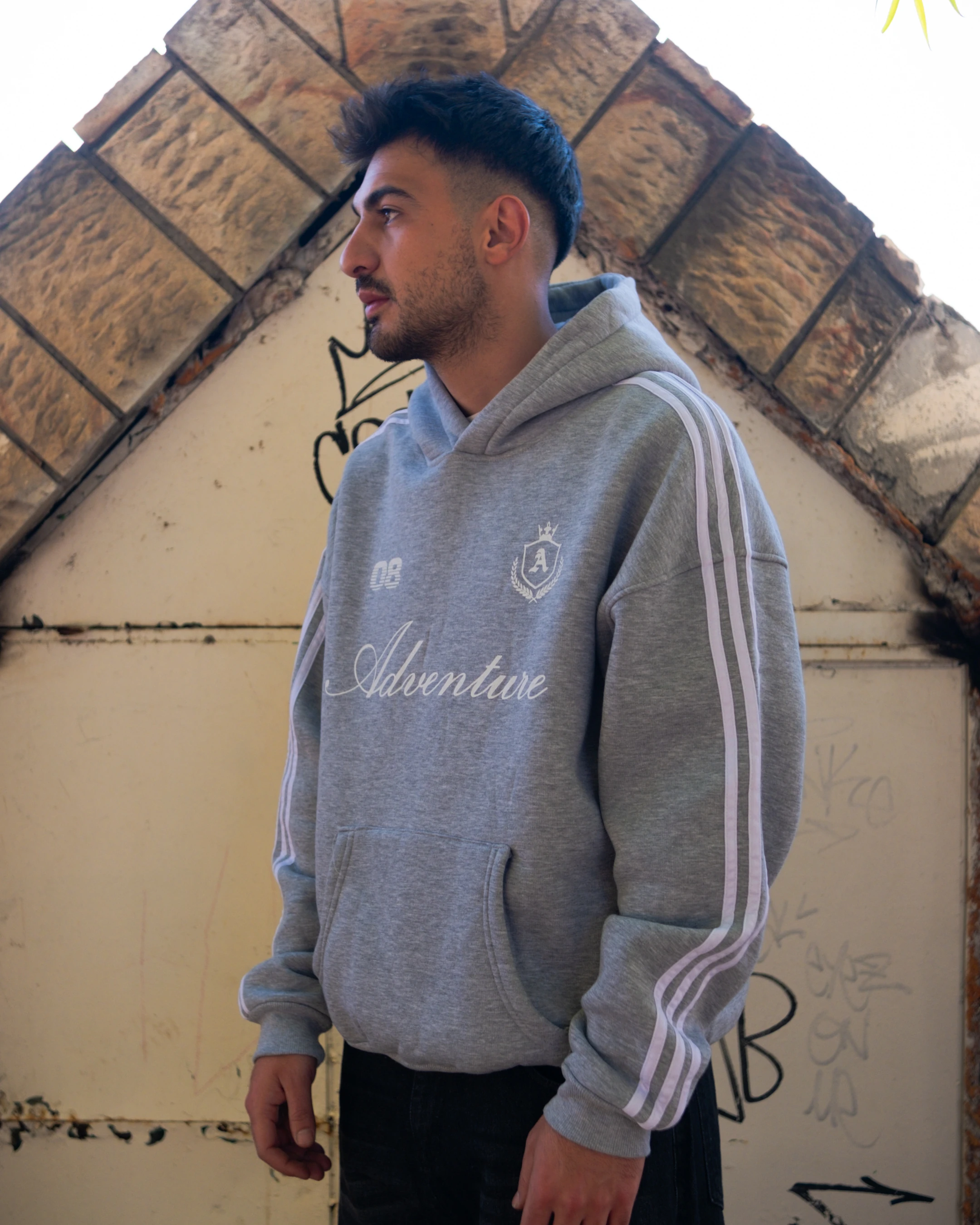 Adventure Printed Çizgili Oversized Hoodie Gri