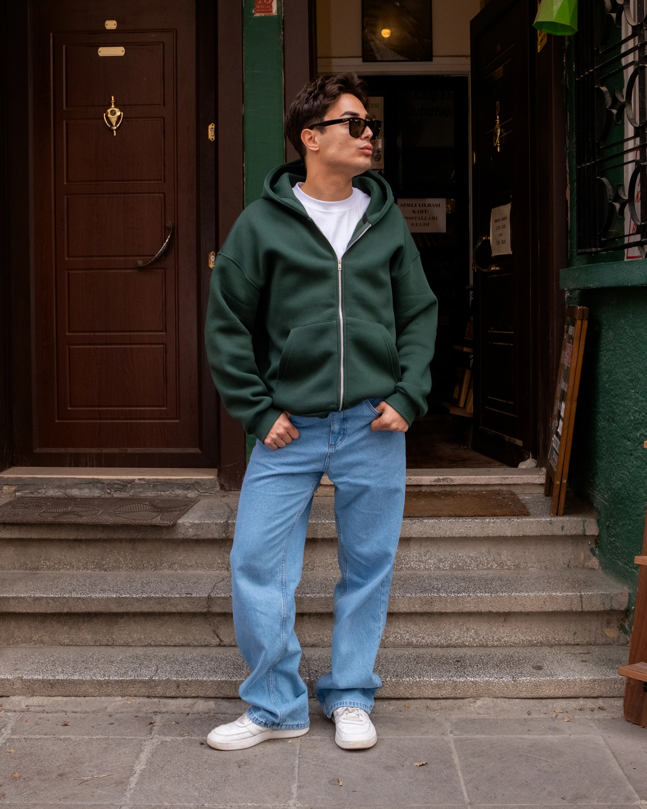 Yeşil Basic Full Zip Oversize Hoodie