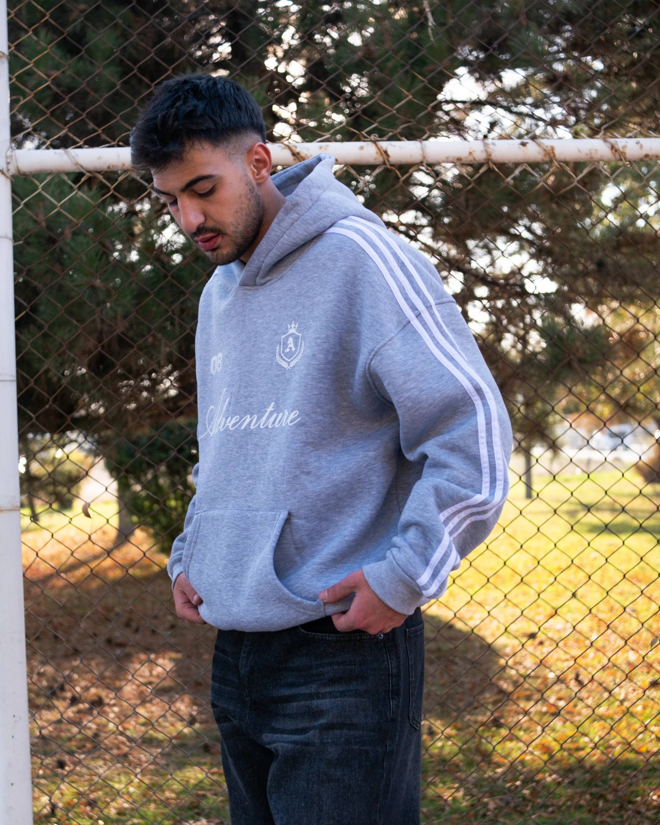 Adventure Printed Çizgili Oversized Hoodie Gri