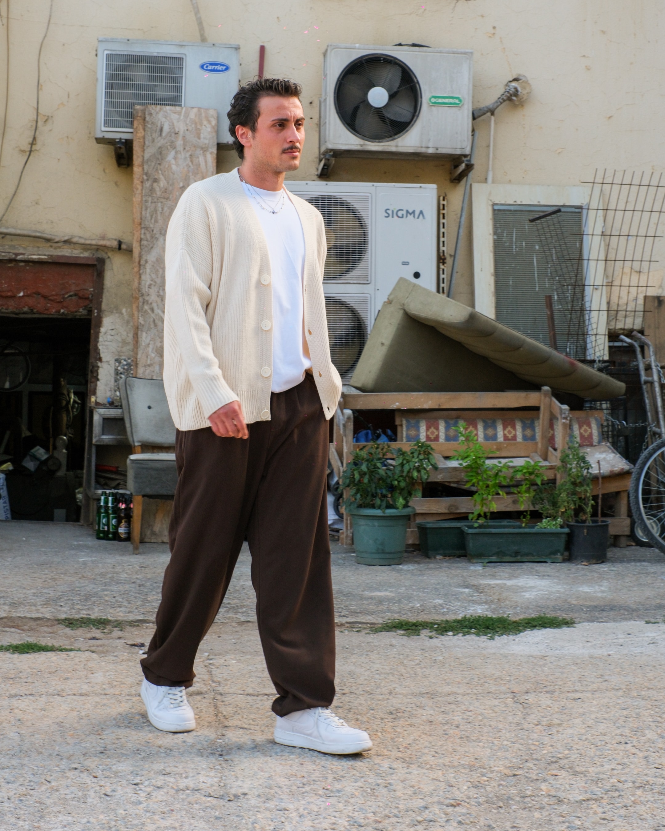 Krem Düğme Detay Oversize Triko Hırka