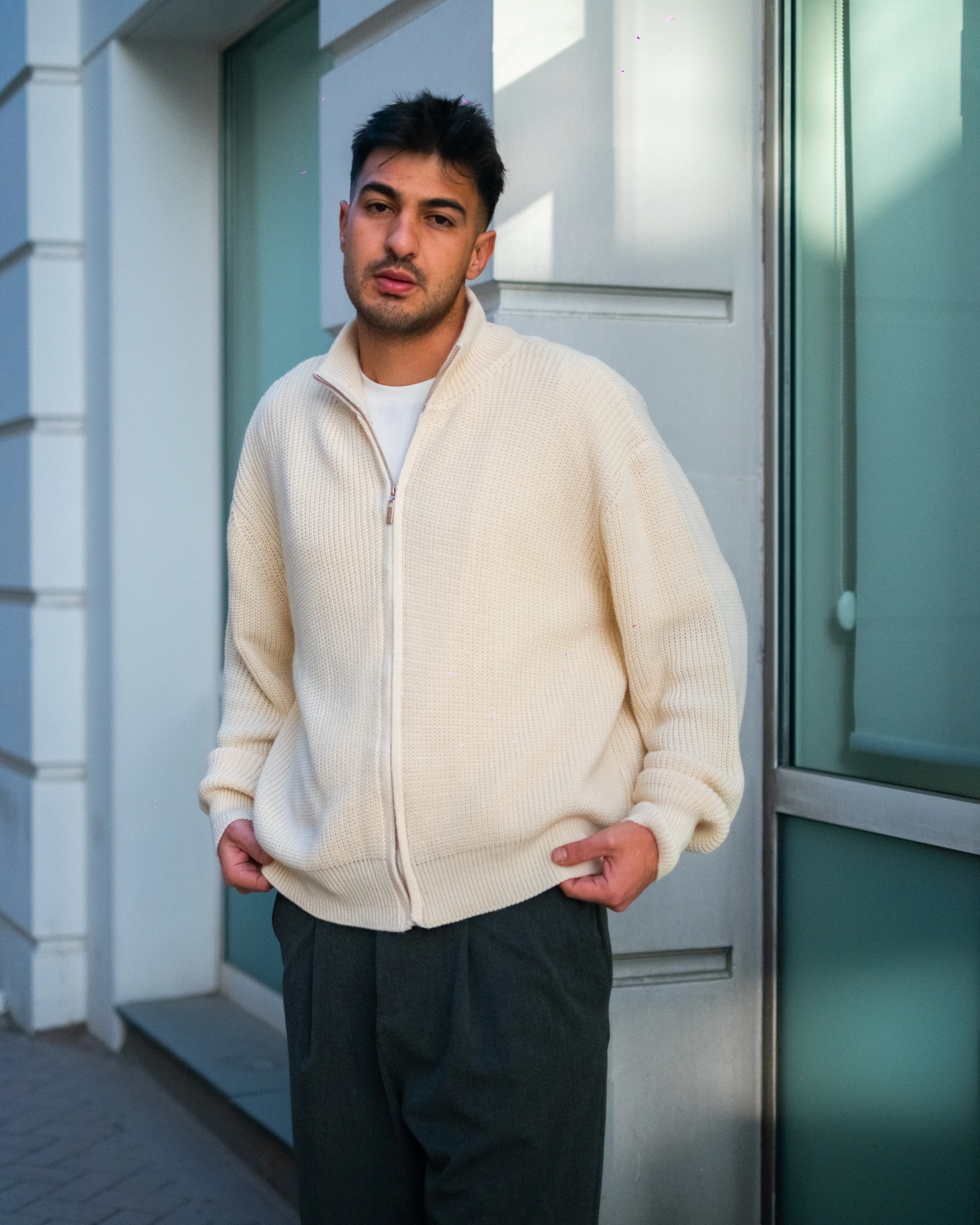 Krem Fermuarlı Oversize Triko