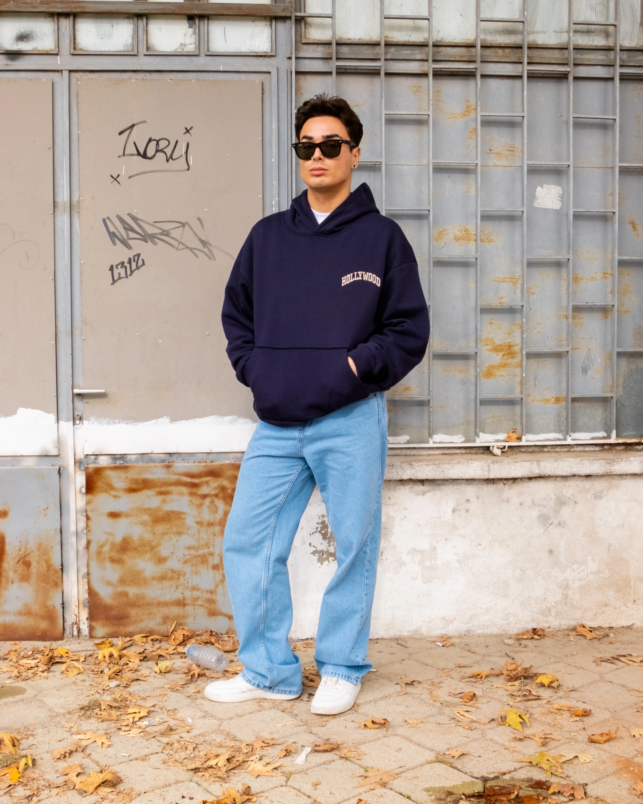 Hollywood Nakışlı Lacivert Boxy Oversize Hoodie